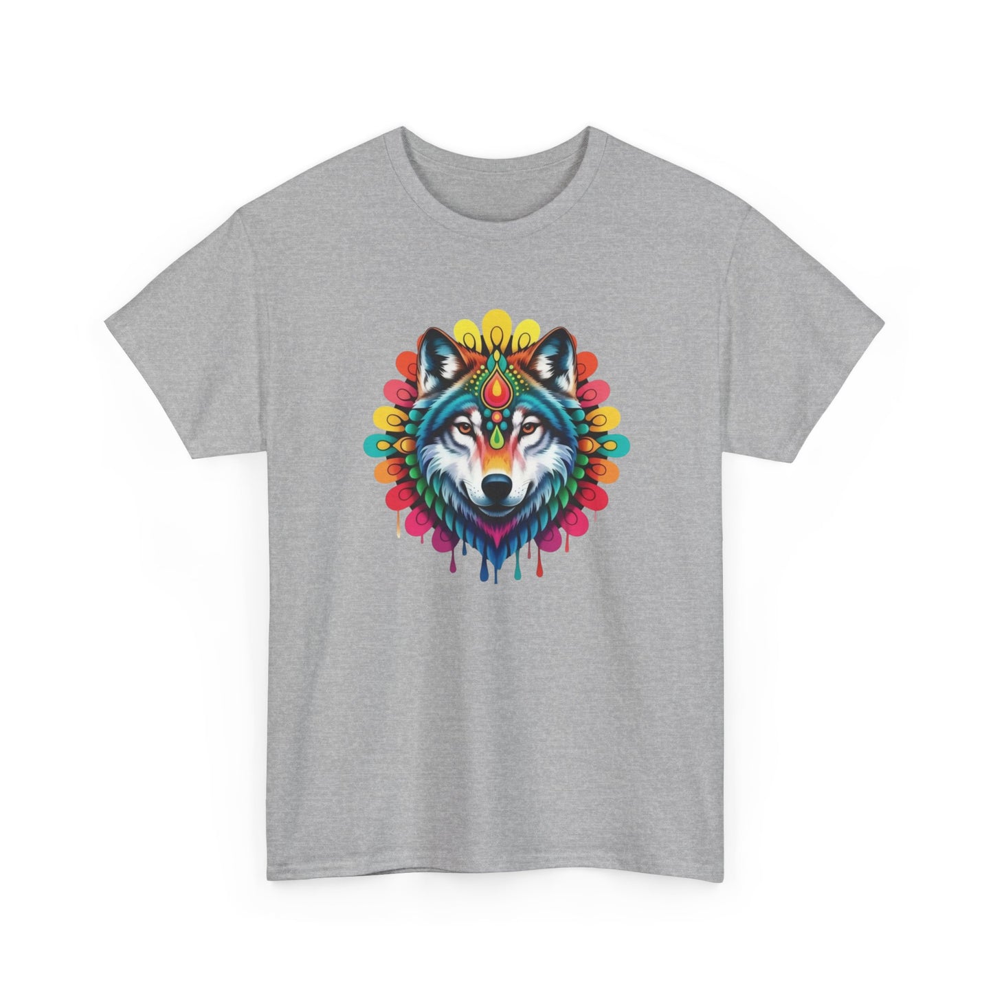 T-Shirt Loup Coloré Mandala – Tee Shirt Wolf Spirituel Tribal – Cadeau Original Animal Mystique Noir Blanc Gris