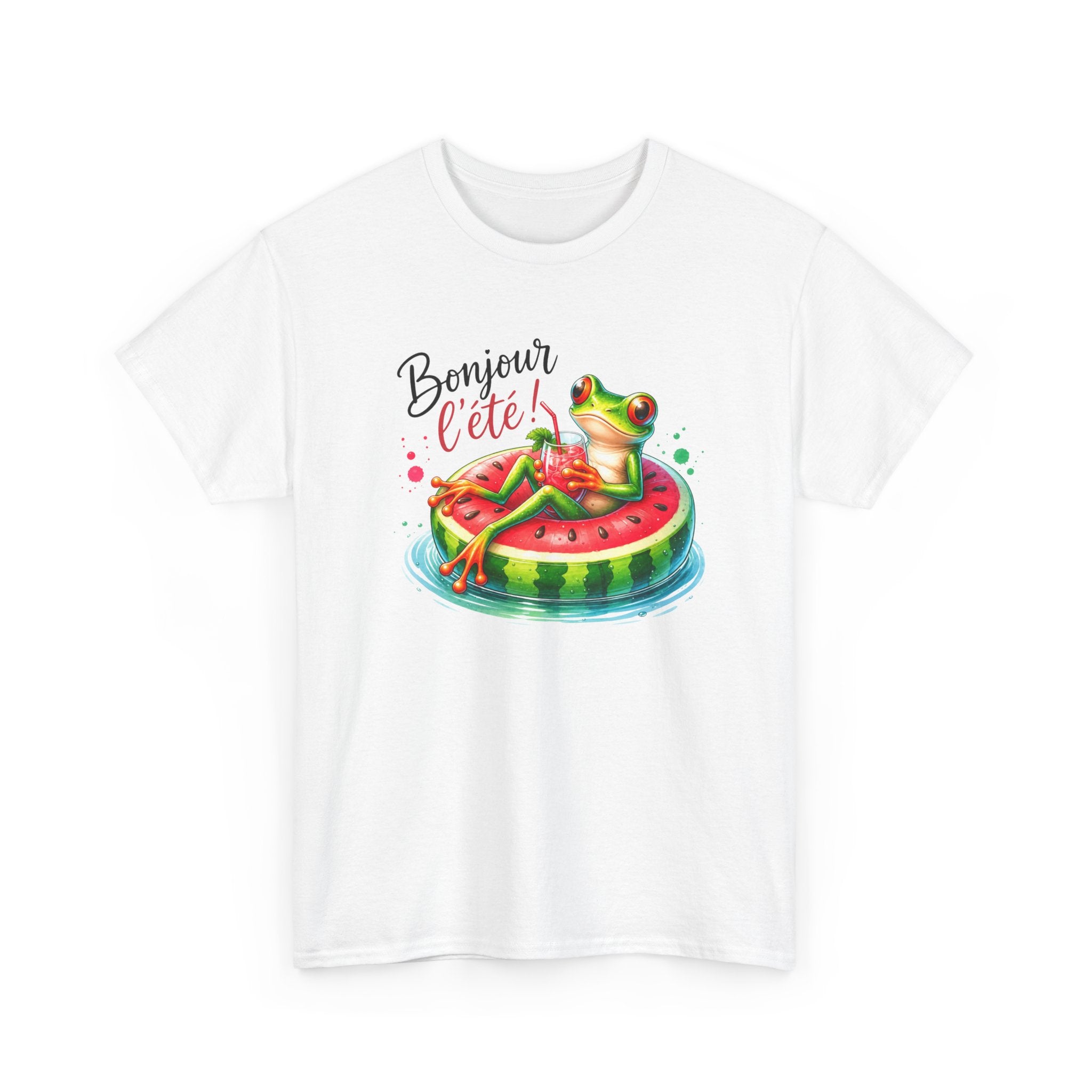 Tee-Shirt Bonjour l’Été Grenouille sur Bouée Pastèque – Cadeau Vacances Homme Femme Humour Soleil Plage