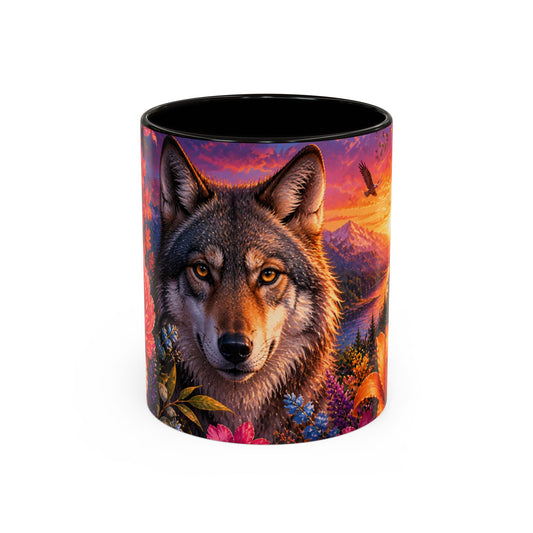 Tasse Loup et Fleurs Colorées – Mug Animal Sauvage Nature et Montagne – Design Artistique Coucher de Soleil – Céramique 325ml