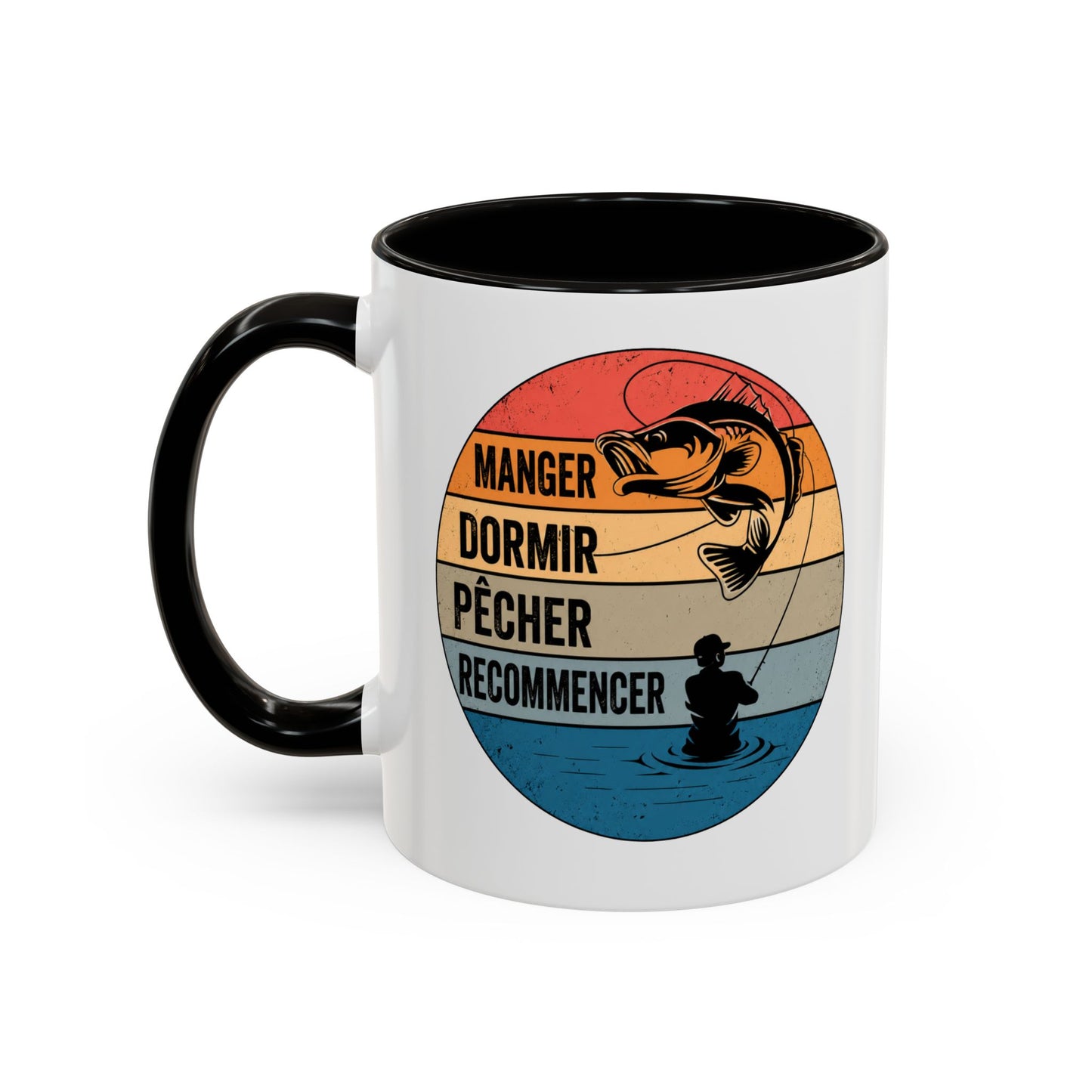 Mug Pêche Vintage – Tasse Pêcheur avec Poisson – Cadeau Homme Passionné de Canne et Loisirs en Plein Air – 325 ml Noir Bleu Rouge