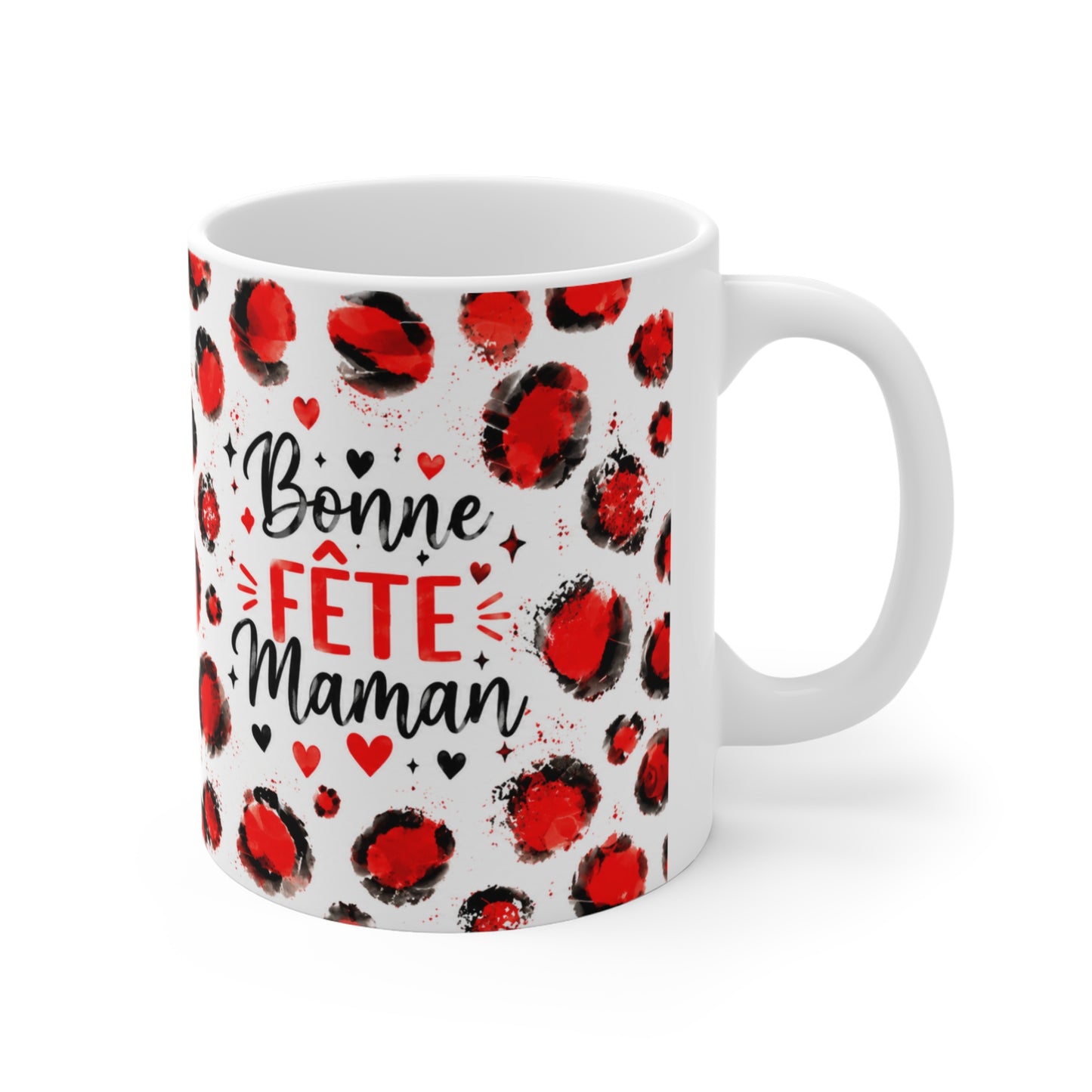 Tasse Bonne Fête Maman – Mug Cœurs Rouges et Noir Style Aquarelle – Cadeau Fête des Mères Femme 325ml