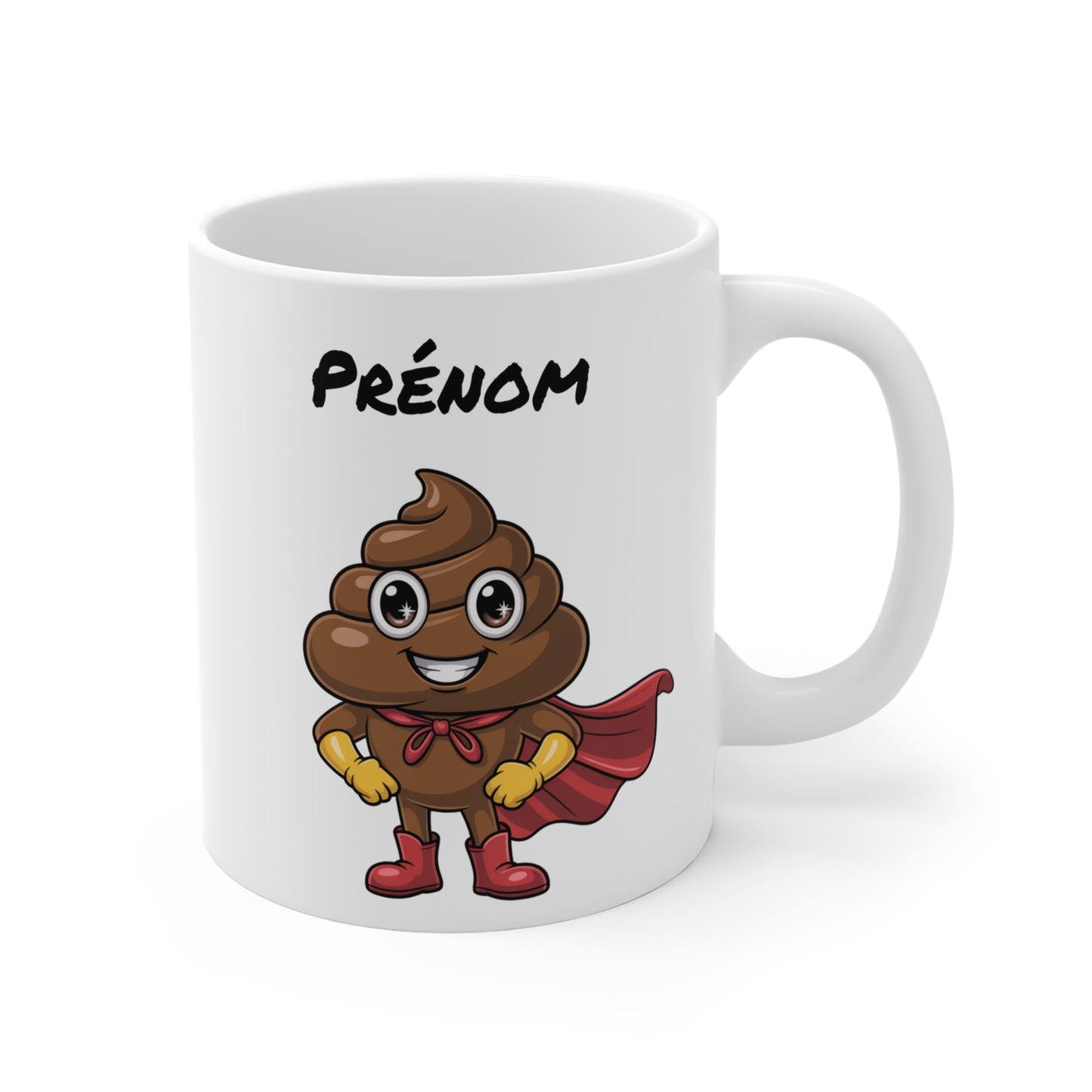 Mug Personnalisable Super Caca – Tasse Humoristique Héros Marron avec Cape Rouge – Cadeau Drôle