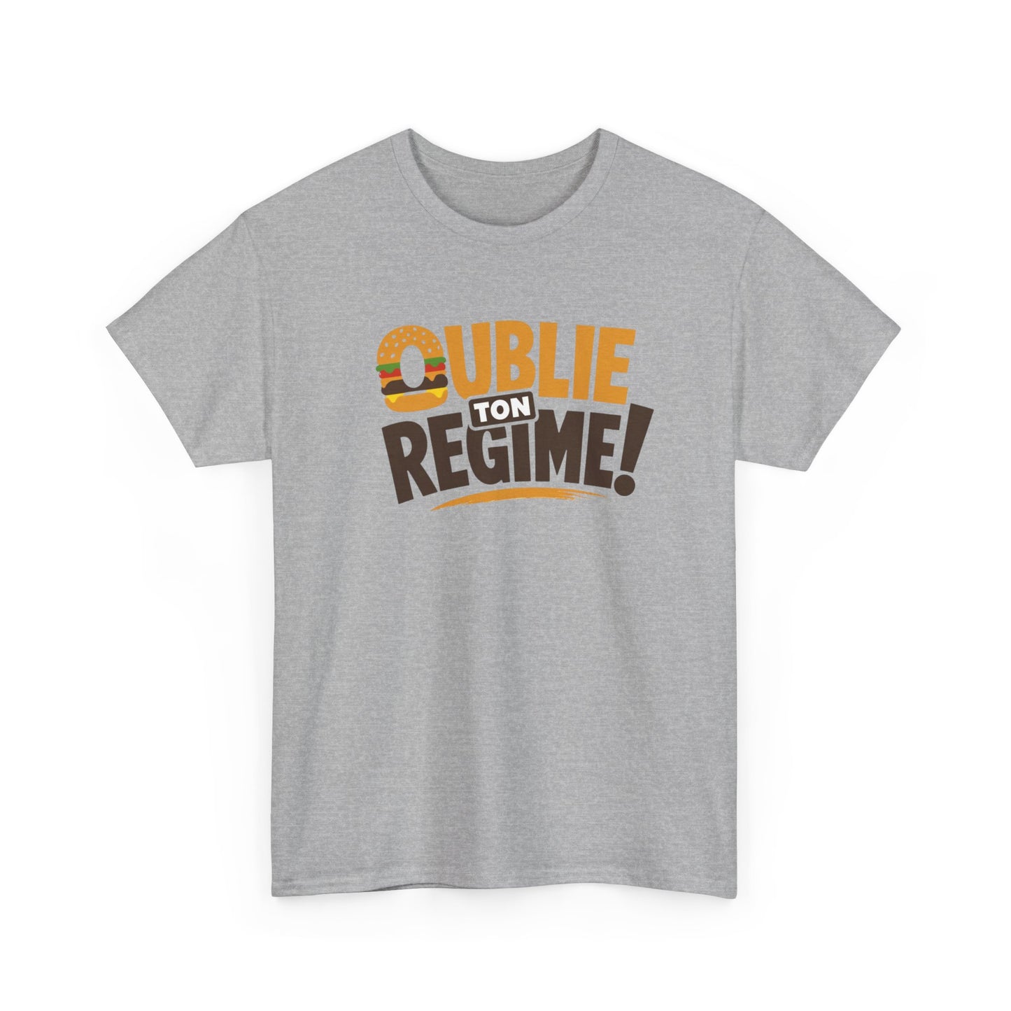 T-Shirt Oublie Ton Régime Homme Femme – Tee Shirt Humour Burger – Cadeau Gourmand Drôle Noir Blanc Gris