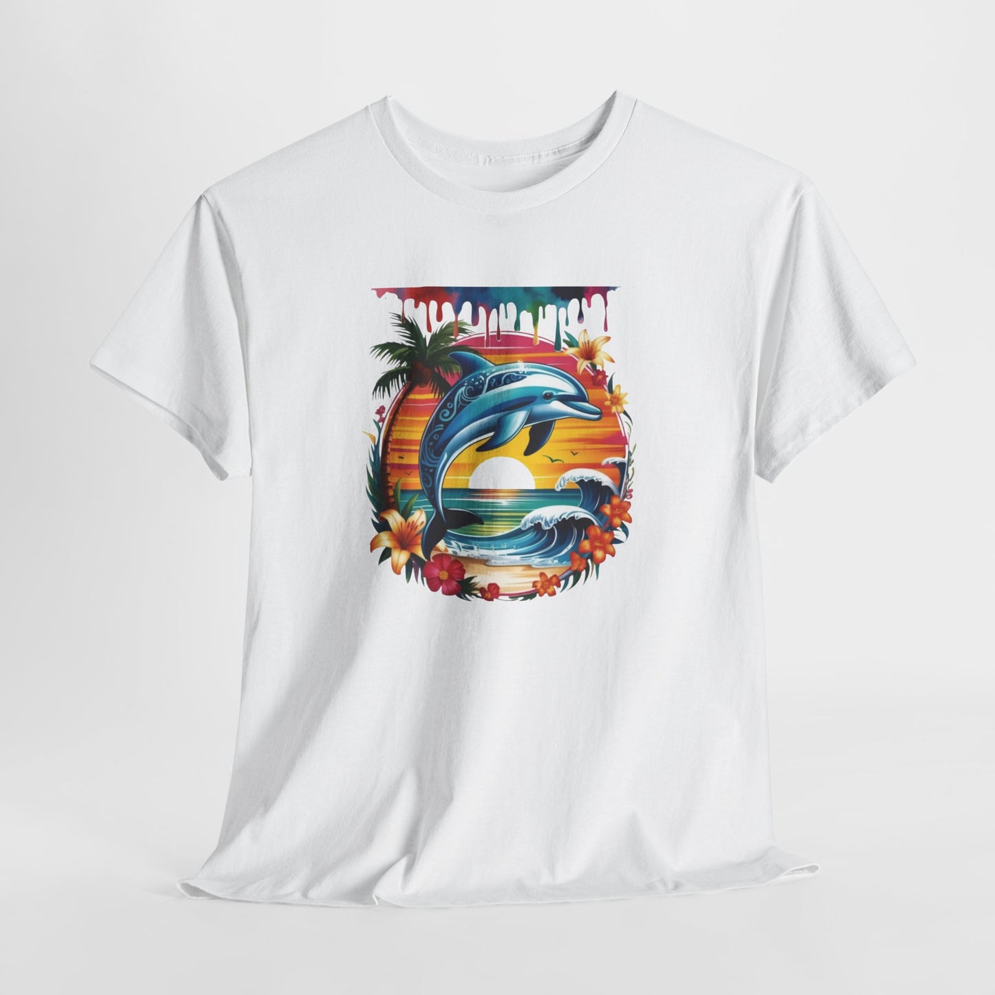 T-Shirt Dauphin Tropical Adulte – Dolphin Sunset Ocean Beach – Tee Shirt Été Vacances Noir Blanc Gris