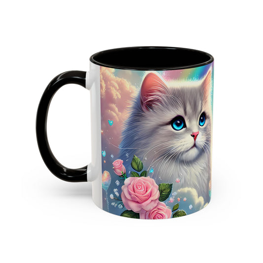Mug Chat Blanc Kawaii – Tasse Féérique Pastel avec Arc-en-Ciel et Roses – Cadeau Amoureux des Chats 325ml