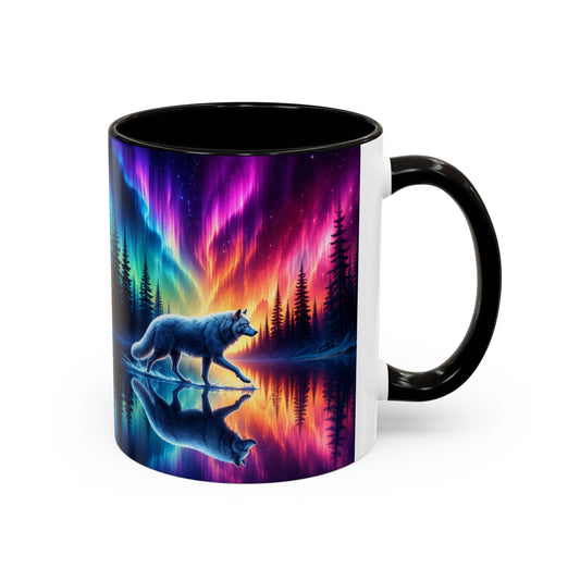 Tasse Loups et Aurores Boréales – Mug Fantaisie Nature Mystique et Paysage Coloré – Cadeau Loup 325ml