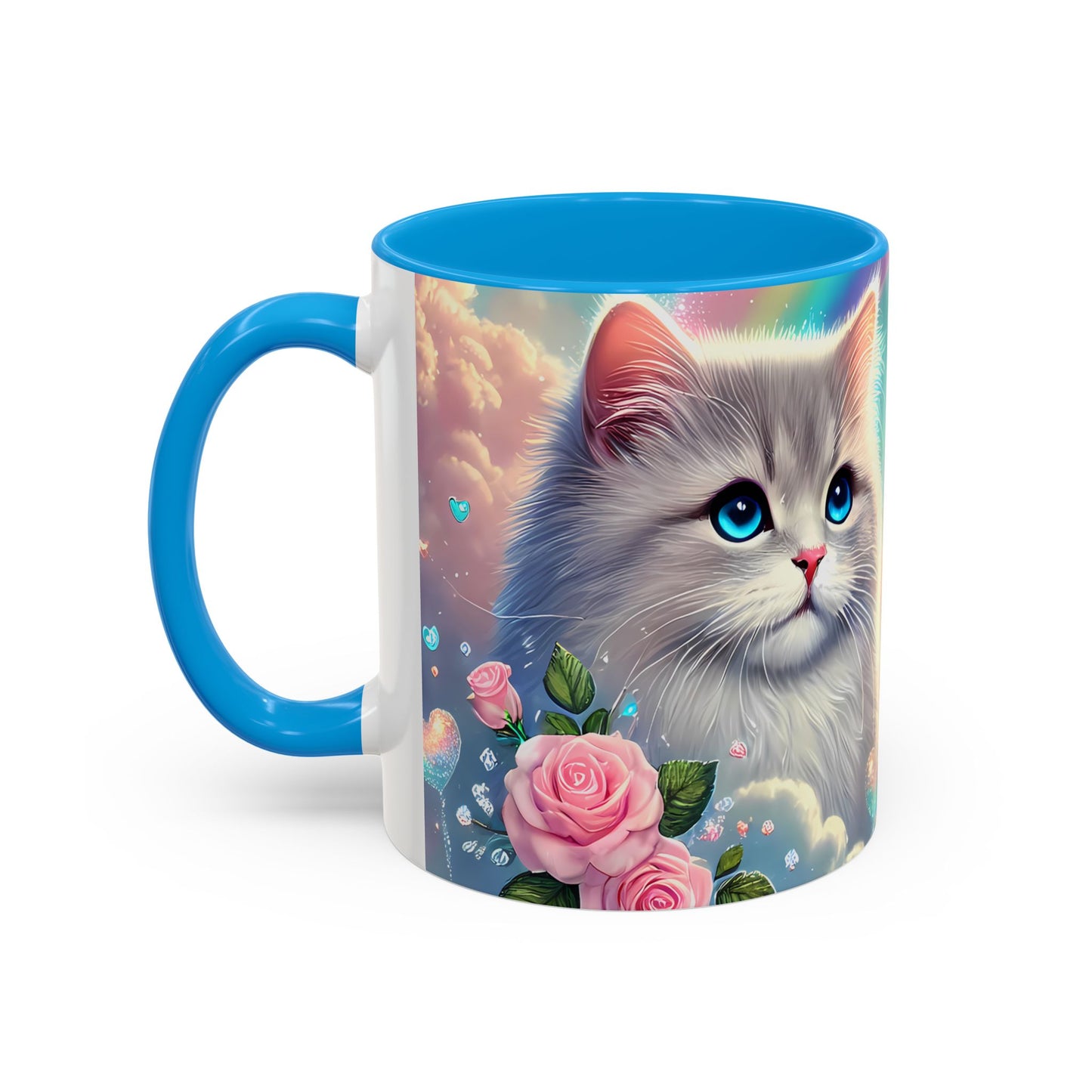 Mug Chat Blanc Kawaii – Tasse Féérique Pastel avec Arc-en-Ciel et Roses – Cadeau Amoureux des Chats 325ml