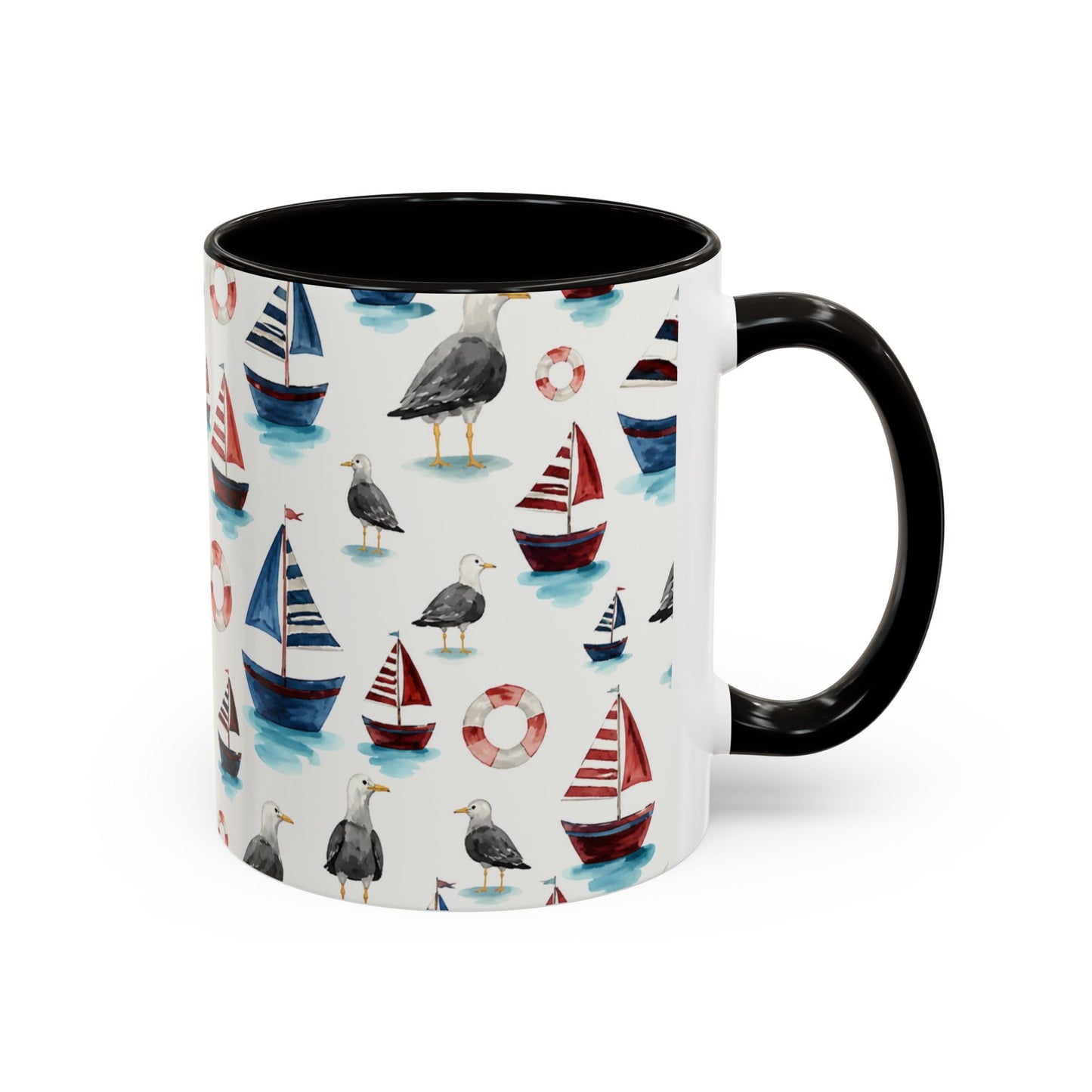 Tasse Thème Marin Aquarelle – Mug Voilier et Mouette – Design Nautique Bord de Mer – Céramique 325ml