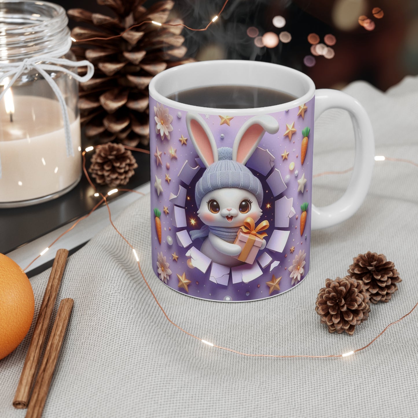 Tasse Lapin Mignon Bonnet Bleu – Mug Céramique 325ml – Cadeau Kawaii Pâques Anniversaire