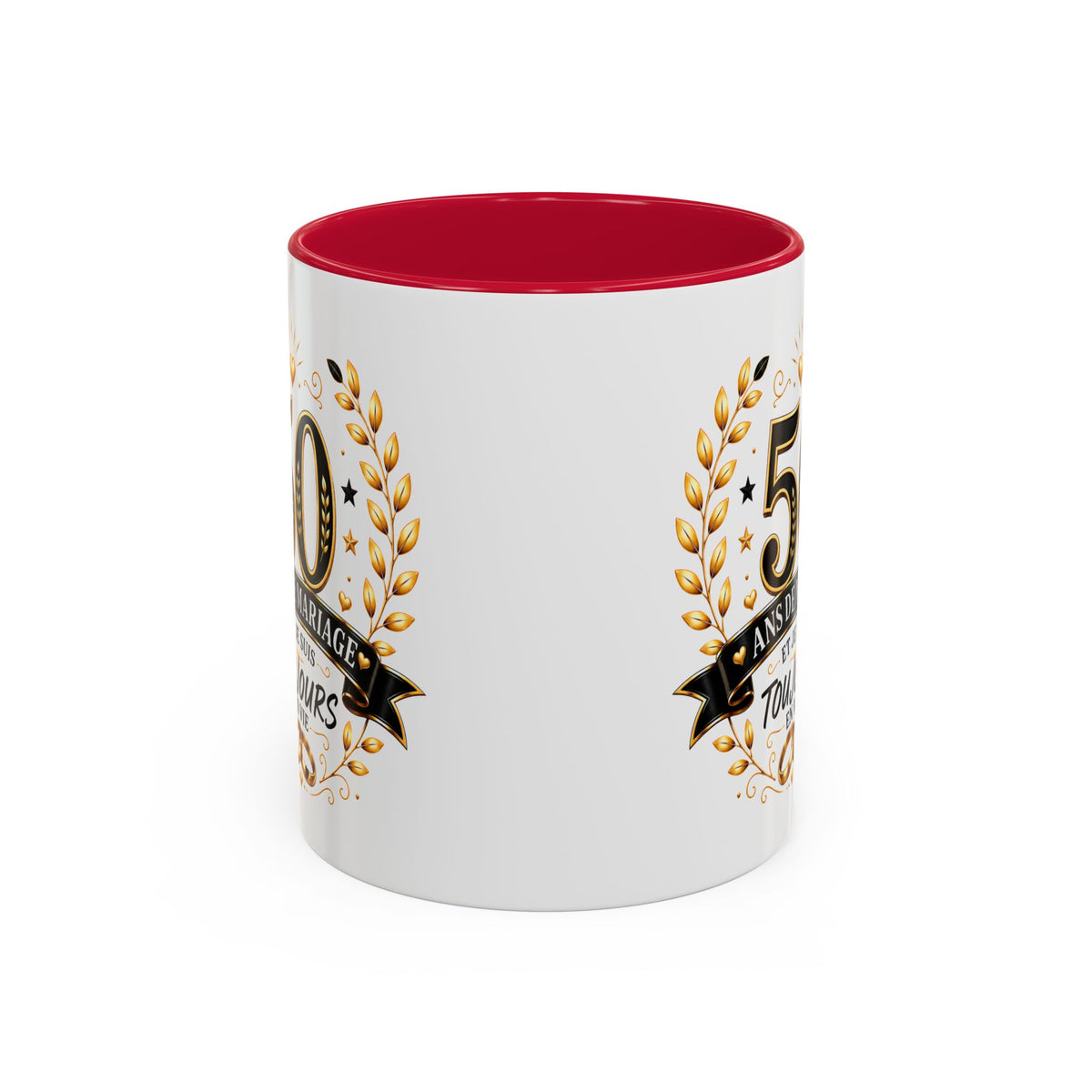 Mug 50 Ans de Mariage et Je Suis Toujours en Vie – Tasse Humoristique Anniversaire de Mariage – Idée Cadeau Couple Noces d’Or noir bleu rouge