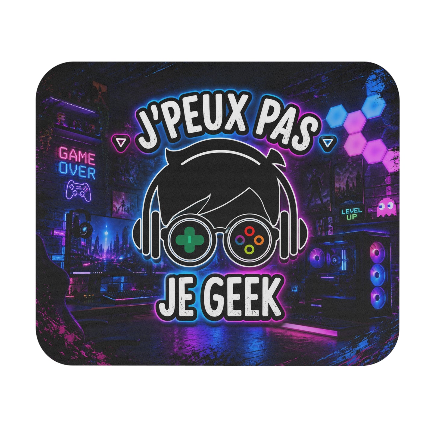 Tapis de Souris 22x18 J’Peux Pas Je Geek – Accessoire Gamer Humour – Cadeau Geek Gaming PC Console Homme Femme – Design Néon RGB
