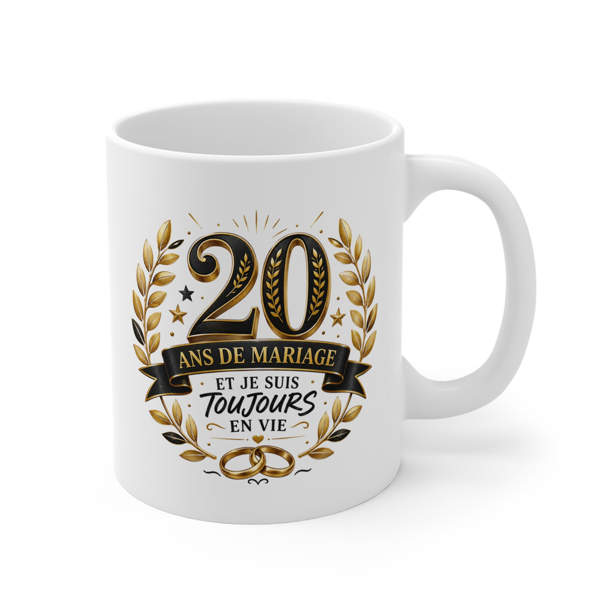 Mug 20 Ans de Mariage et Je Suis Toujours en Vie – Tasse Humoristique Anniversaire de Mariage – Idée Cadeau Couple Noces de Porcelaine