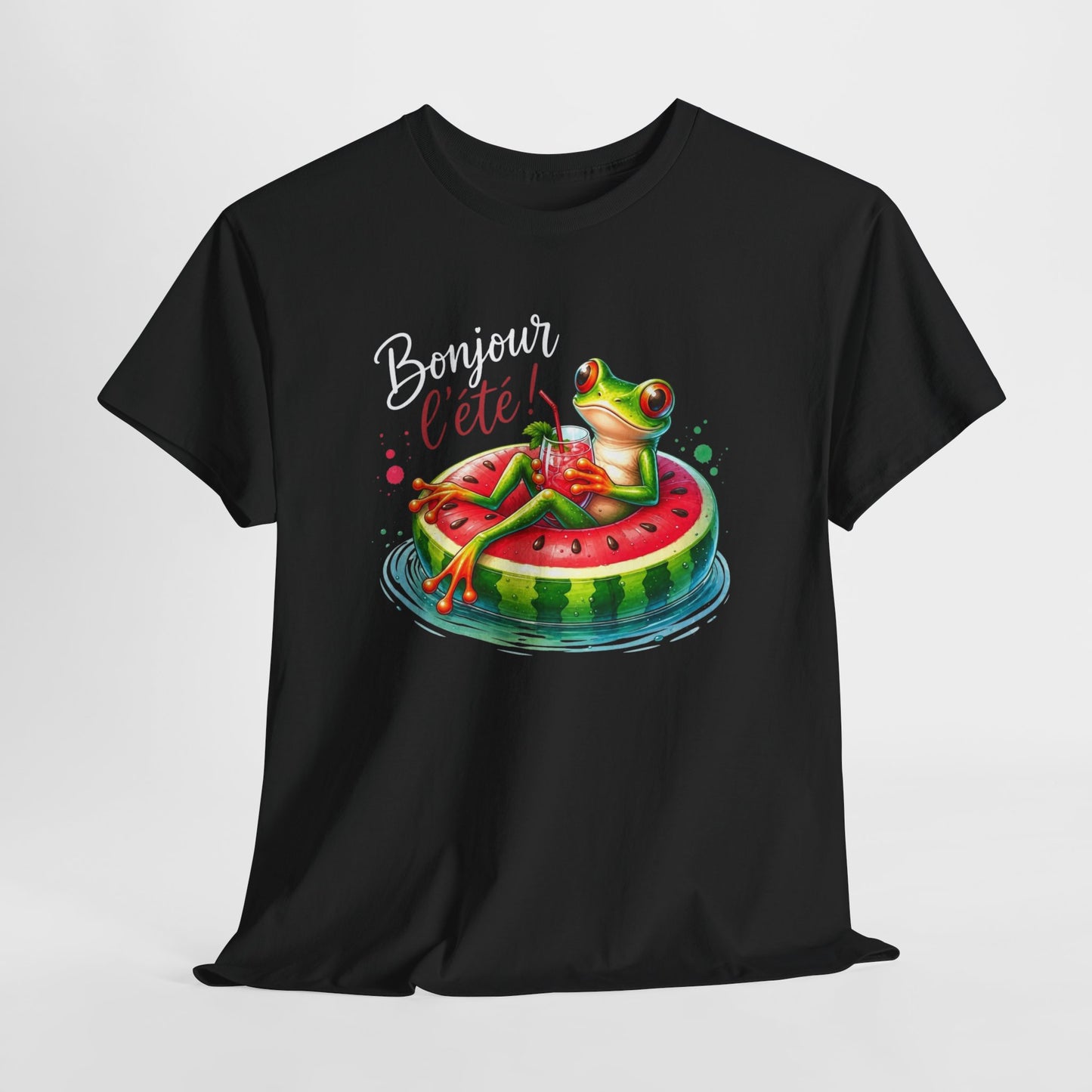 Tee-Shirt Bonjour l’Été Grenouille sur Bouée Pastèque – Cadeau Vacances Homme Femme Humour Soleil Plage