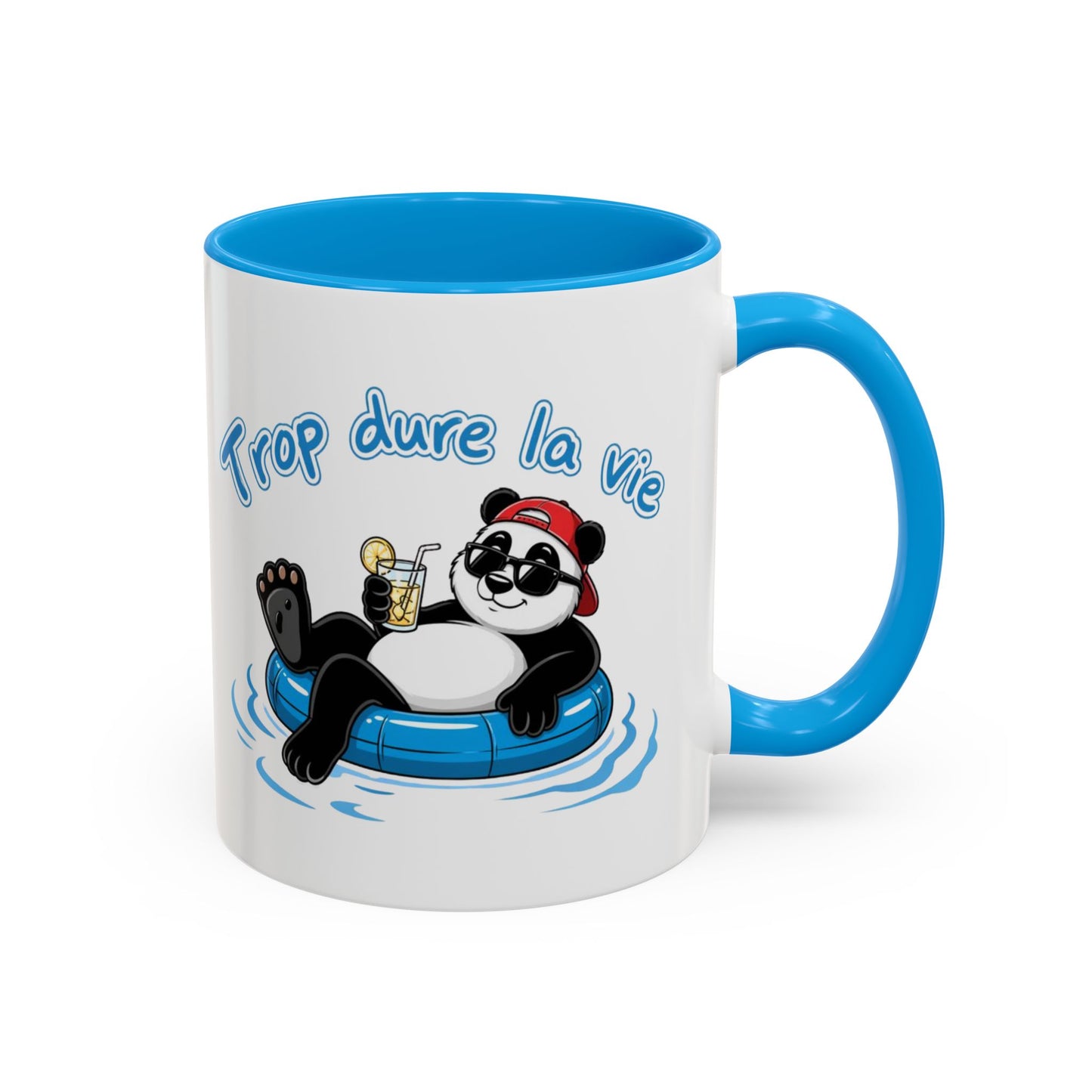 Mug Panda Relax Humour – “Trop Dure La Vie” – Tasse Panda Bouée Cocktail Vacances – Cadeau Drôle Homme Femme – Céramique 325ml Noir Bleu Rouge
