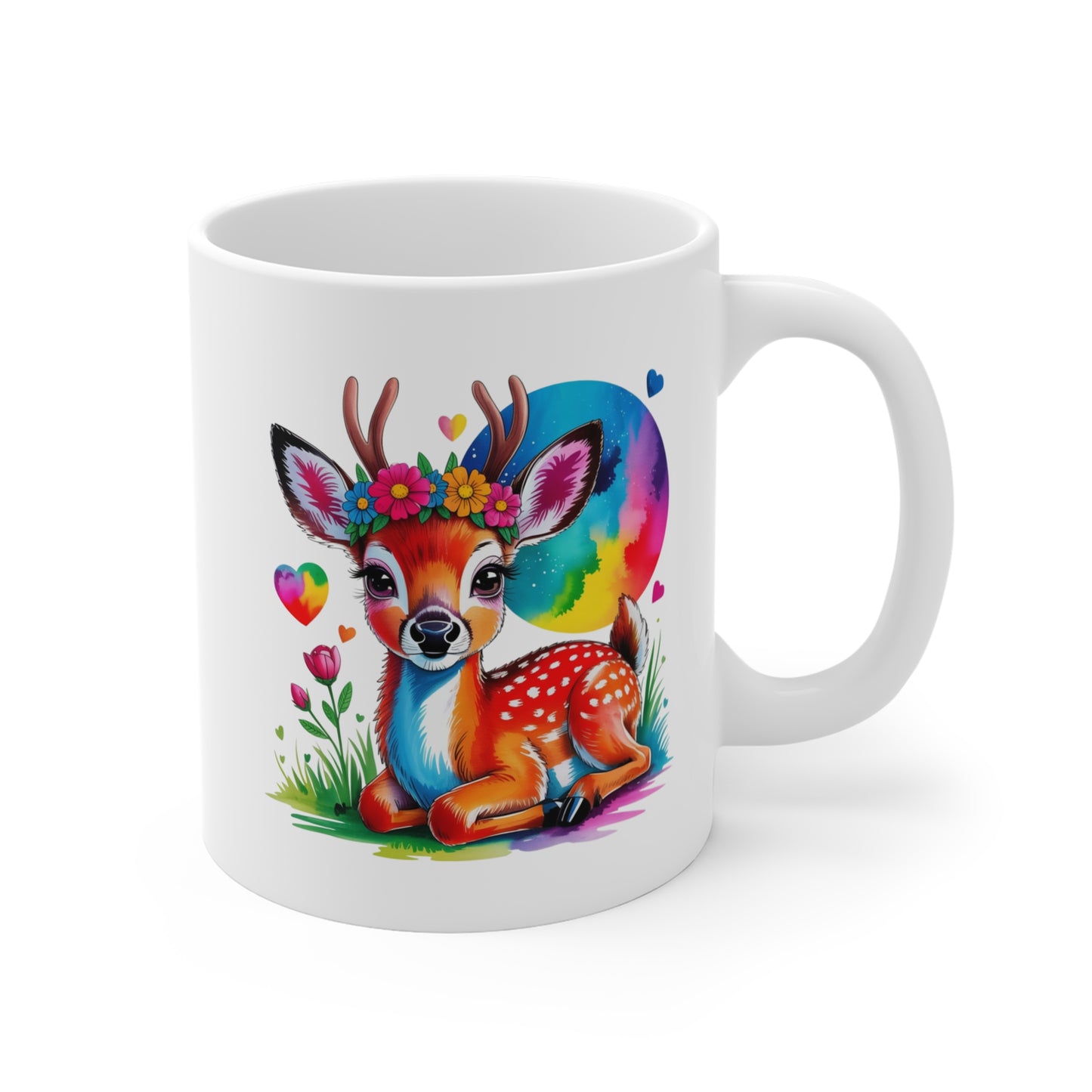 Tasse Faon Coloré – Mug Cerf Mignon avec Fleurs et Arc-en-ciel – Design Artistique et Kawaii – Cadeau Nature 325ml