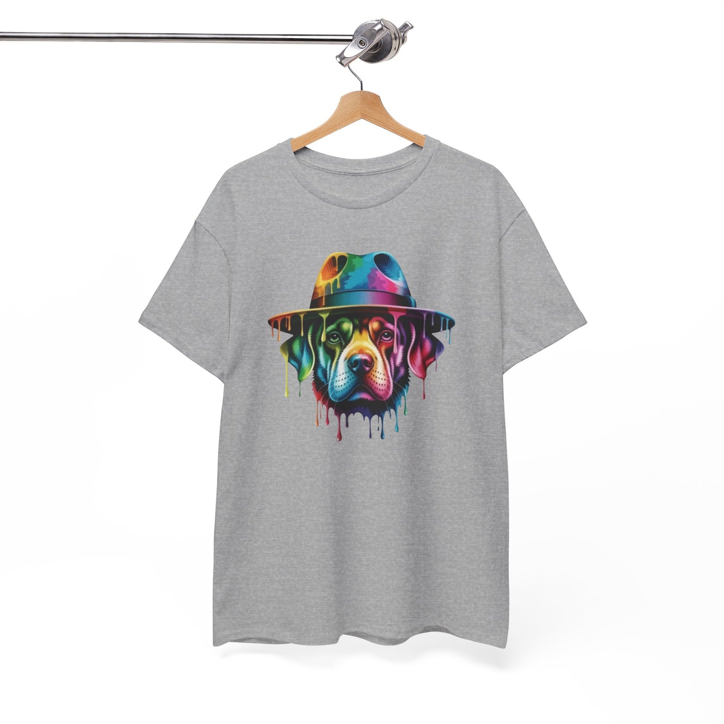 T-Shirt Chien Coloré avec Chapeau – Tee Shirt Art Urbain Peinture Dripping – Cadeau Original Style Streetwear Noir Blanc Gris