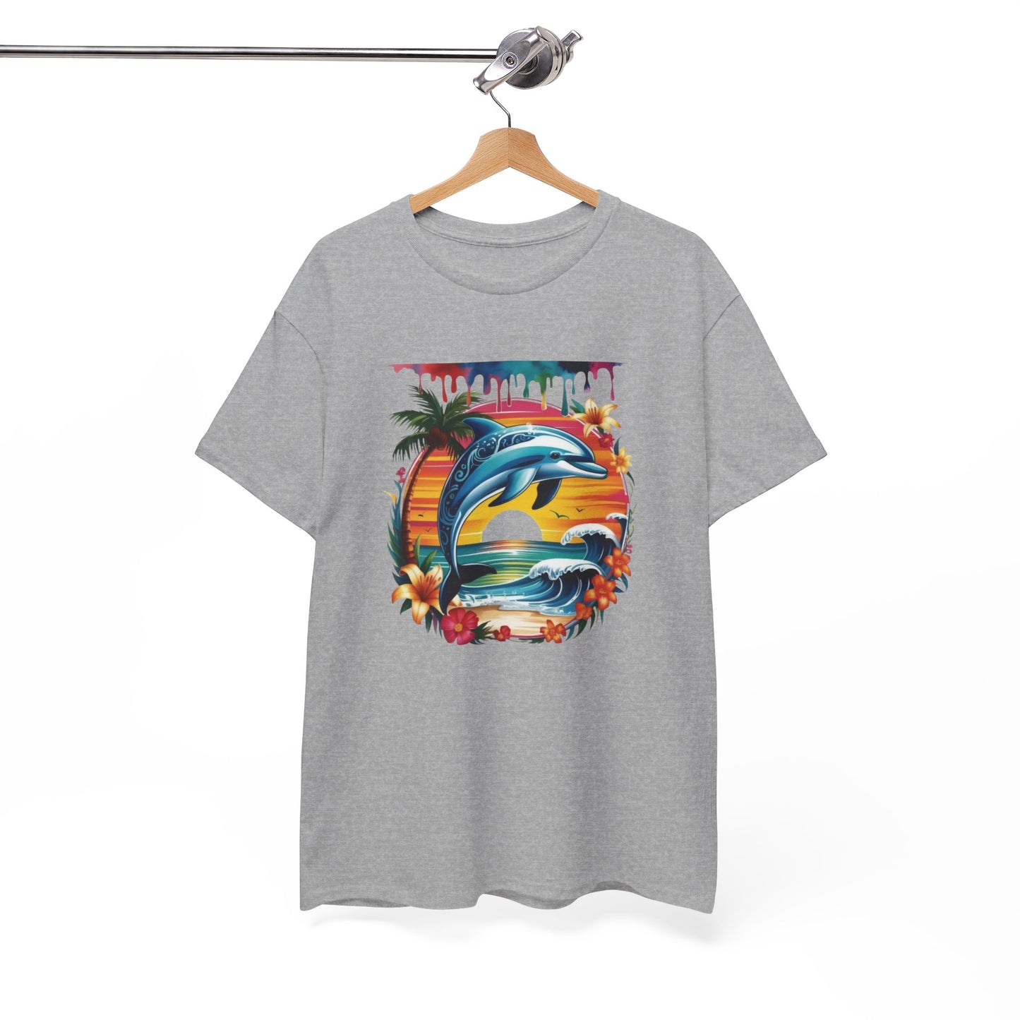 T-Shirt Dauphin Tropical Adulte – Dolphin Sunset Ocean Beach – Tee Shirt Été Vacances Noir Blanc Gris