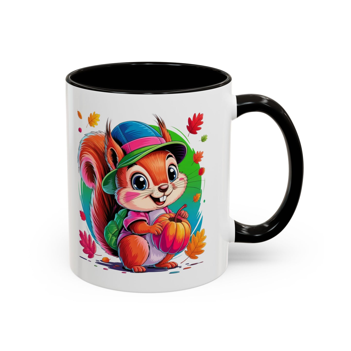 Mug Écureuil Mignon Automne – Tasse Animal Citrouille Feuilles Colorées – Cadeau Original Enfant Adulte – Céramique 325ml Noir Bleu Rouge