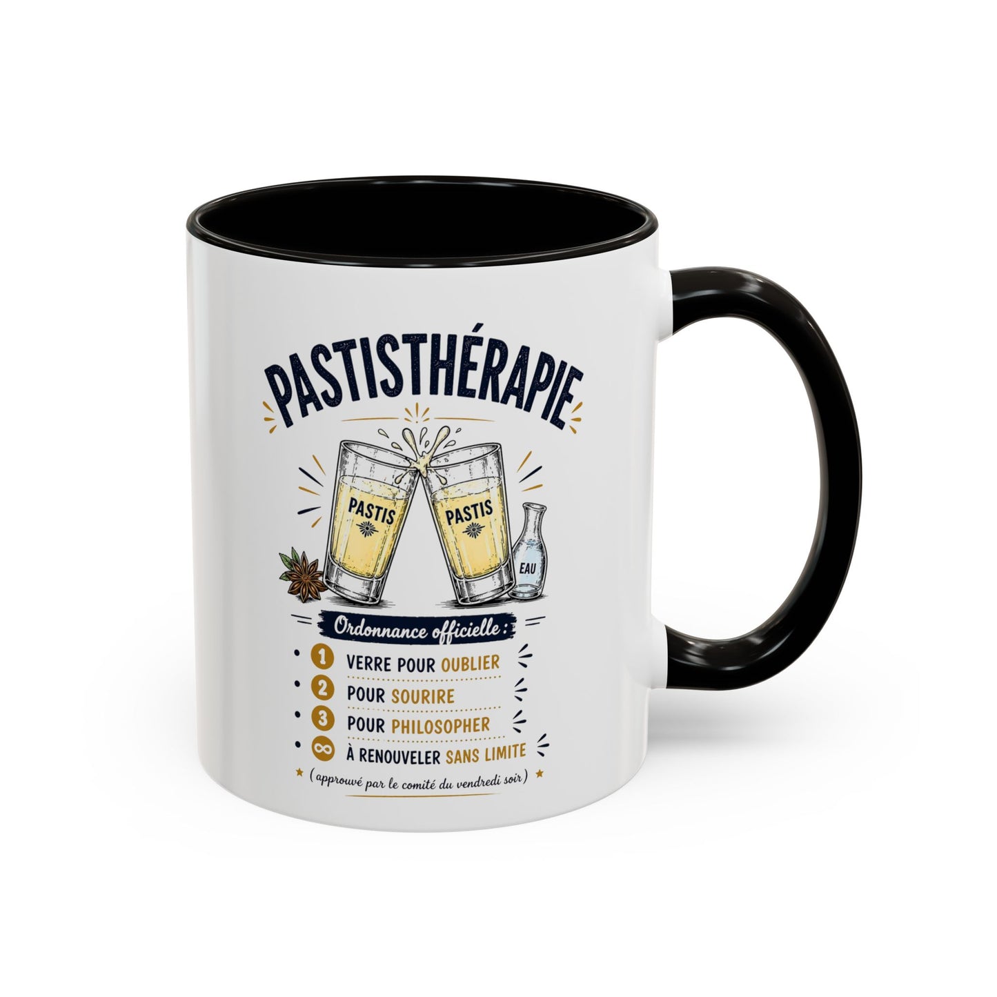 Mug Pastisthérapie Drôle – Tasse Humour Apéro Pastis – Cadeau Original Amateur de Pastis – Céramique 325ml Noir Bleu Rouge