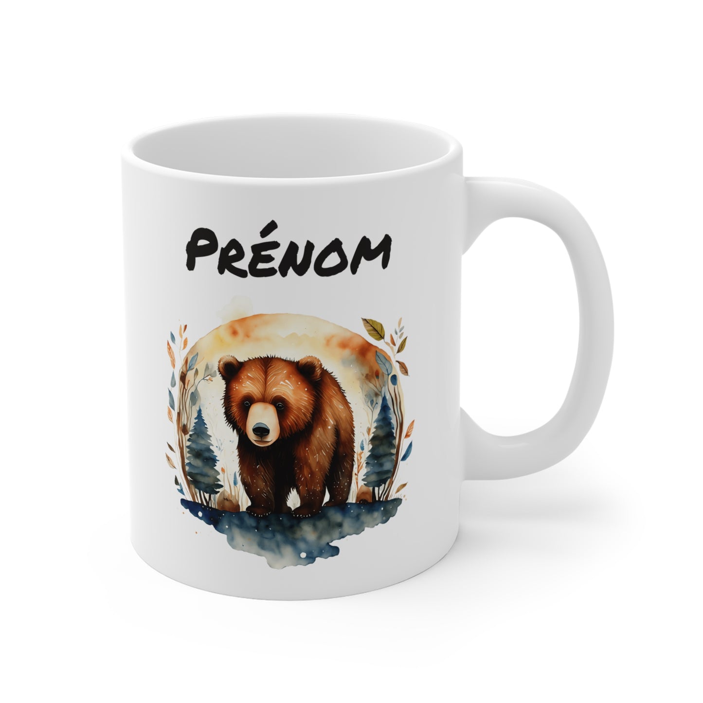 Mug Personnalisé Ours Aquarelle 325ml – Tasse Céramique Prénom Design Nature Forêt – Cadeau Animal Sauvage