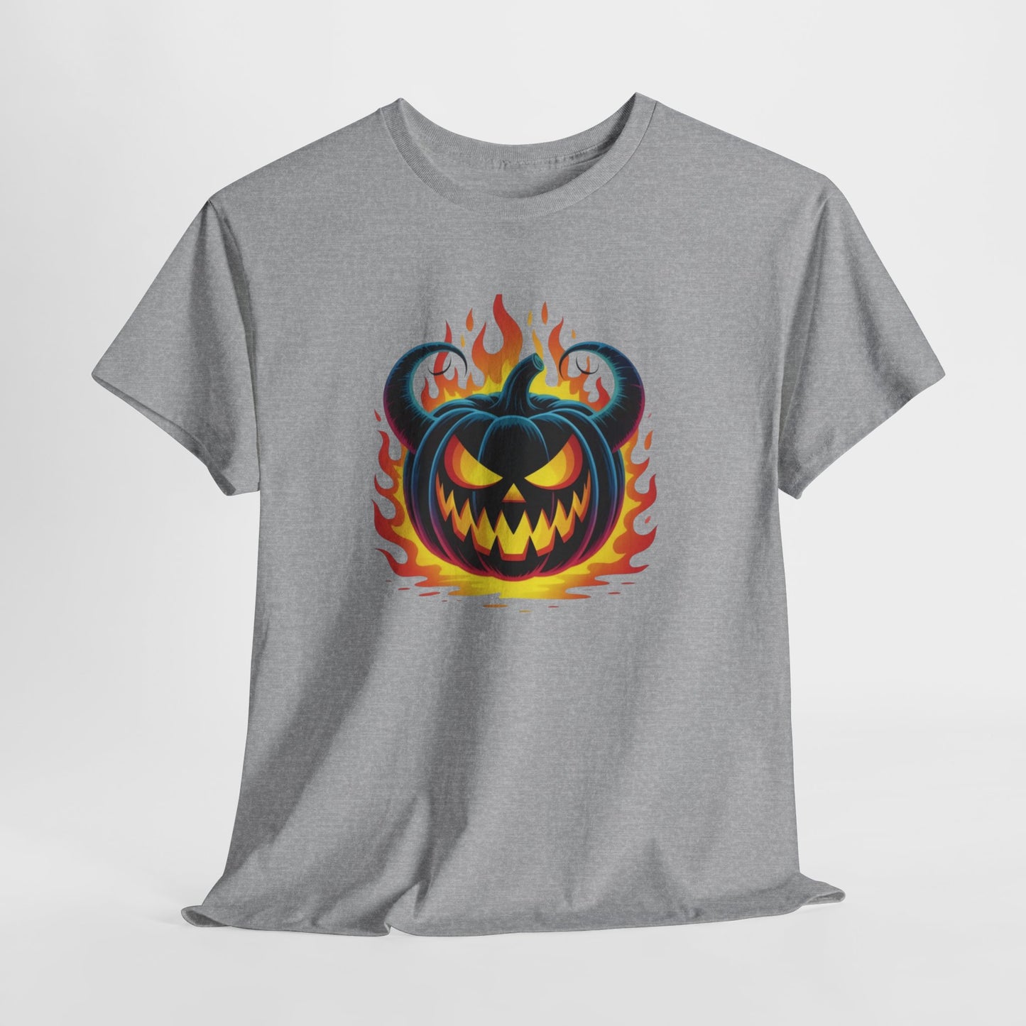 T-Shirt Halloween Citrouille Démoniaque Feu Adulte – Tee Shirt Jack O Lantern Effrayant – Design Horreur Fantaisie Noir Blanc Gris