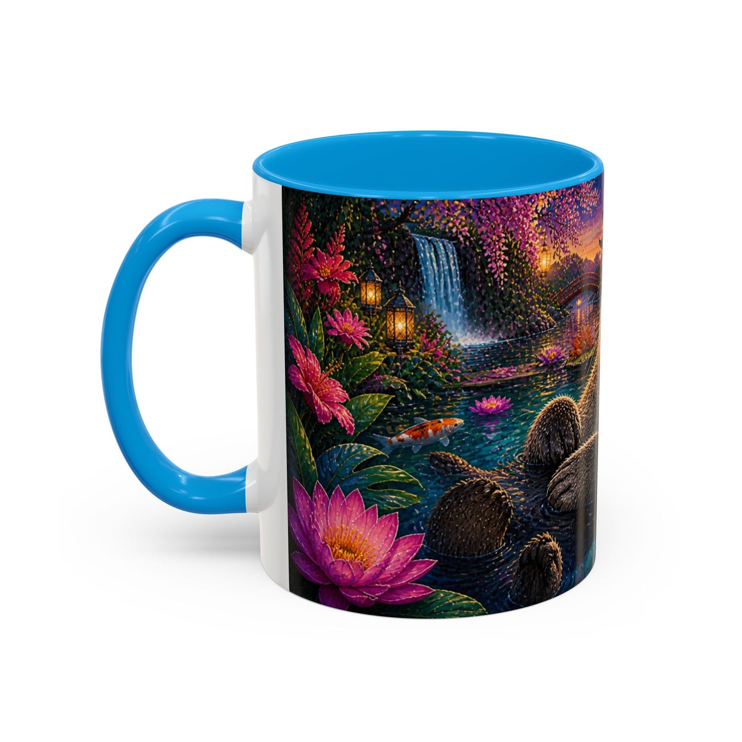 Tasse Loutre et Carpes Koi – Mug Jardin Japonais et Fleurs Tropicales – Design Artistique Relaxant – Céramique 325ml