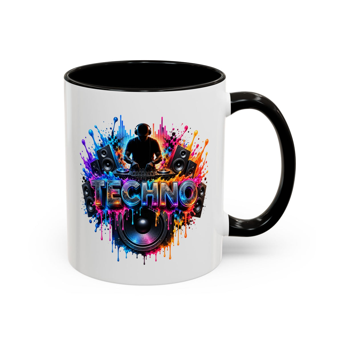 Mug Techno DJ Coloré – Tasse Musique Électronique avec Platines et Enceintes – Cadeau Original Amateur de Techno et de Soirées