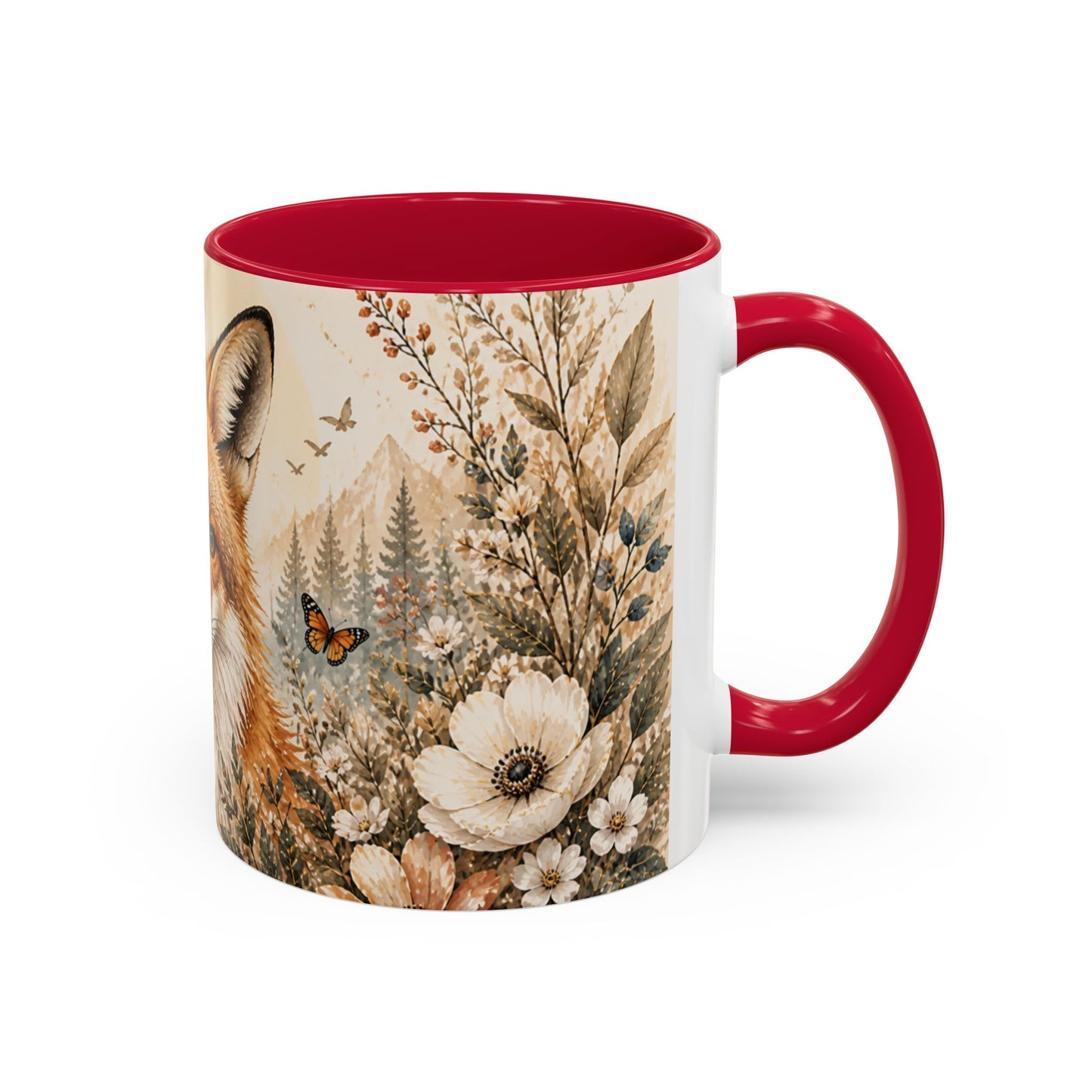 Tasse Renard Floral Bohème – Mug Renard Aquarelle avec Fleurs Sauvages et Papillons – Design Nature Chic 325ml