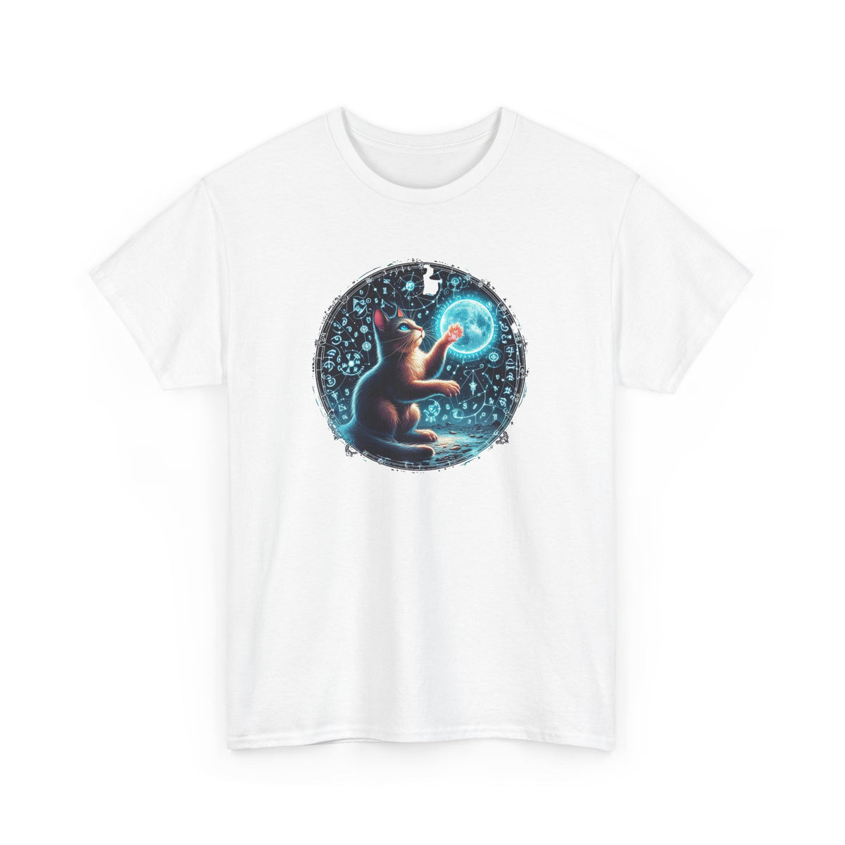 Tee Shirt Chat Mystique Homme Femme – T-Shirt Chat Lune Magique – Univers Astral Ésotérique – Design Fantastique Bleu