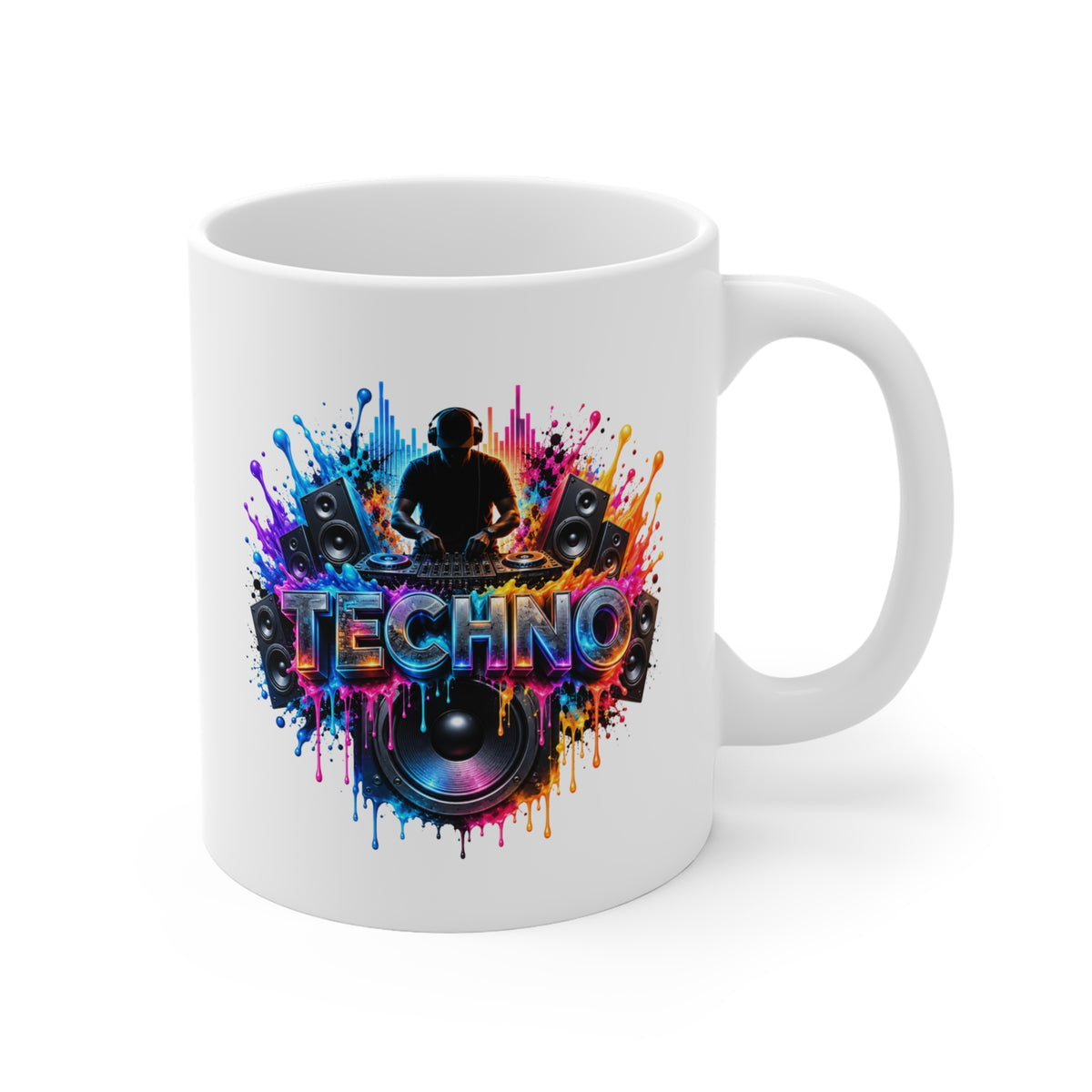 Mug Techno DJ Coloré – Tasse Musique Électronique avec Platines et Enceintes – Cadeau Original Amateur de Techno et de Soirées