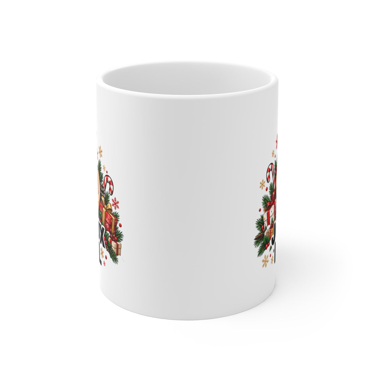 Mug Humour Noël « Joyeux Noël » – Tasse Geste Insolent avec Bonnet de Père Noël, Cadeaux et Sucre d’Orge – Cadeau Drôle Homme Femme