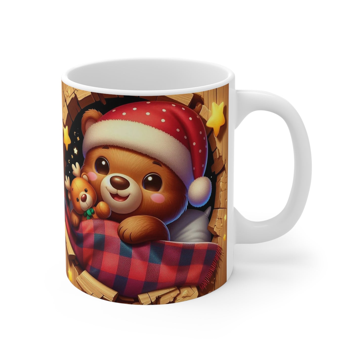 Tasse Ourson de Noël – Mug Céramique 325ml – Cadeau Hiver avec Doudou Renne et Bonnet Rouge