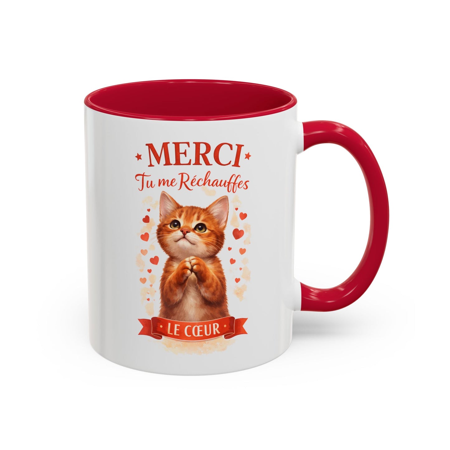Tasse Chat Mignon Amour “Merci Tu me Réchauffes le Cœur” – Mug Cadeau Chat Affectueux Noir Bleu Rouge