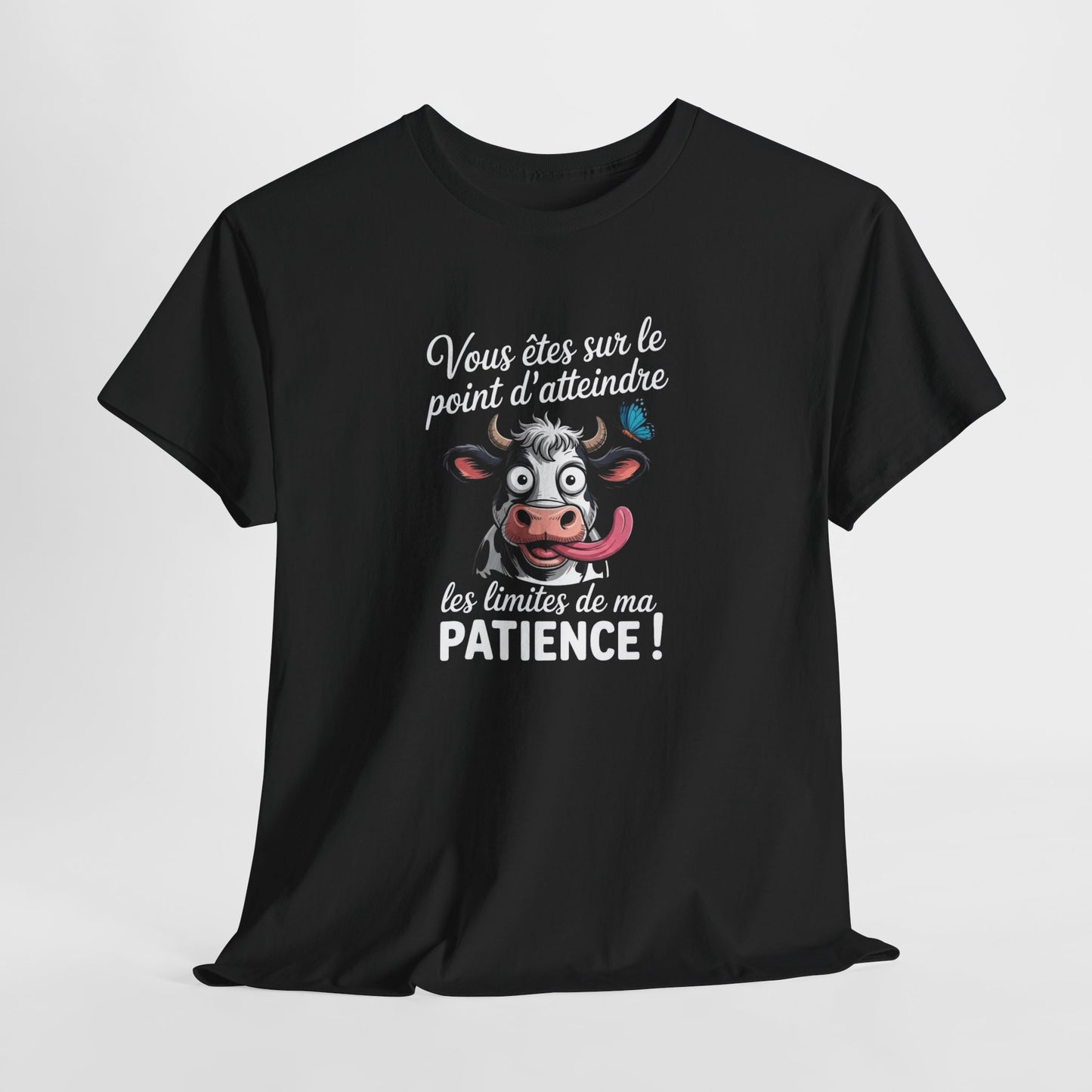 T-Shirt Humoristique Vache Patience – Tee Shirt Drôle Adulte Homme Femme – Cadeau Humour Animal – Noir Blanc Gris