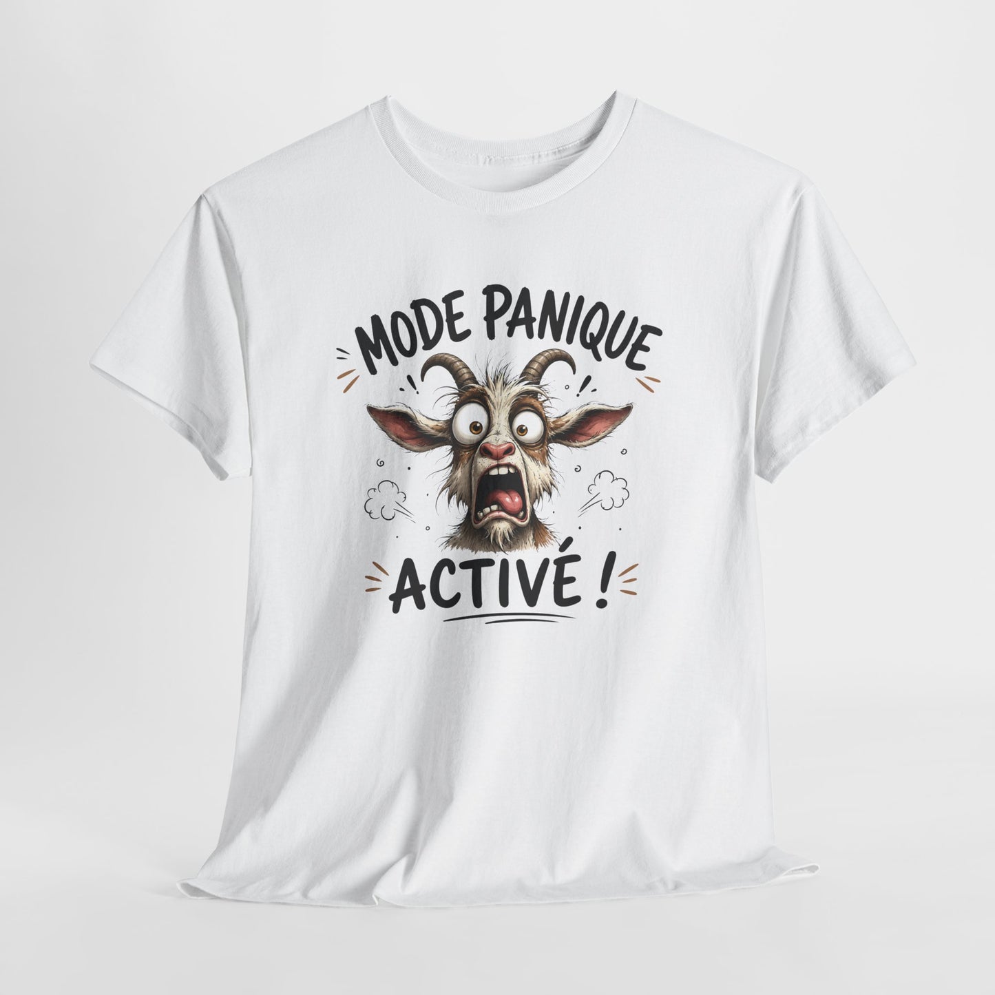 Tee-Shirt Mode Panique Activé – Chèvre Délirante Humour – Cadeau Drôle Homme Femme Adulte – Animal Rigolo et Citation Amusante