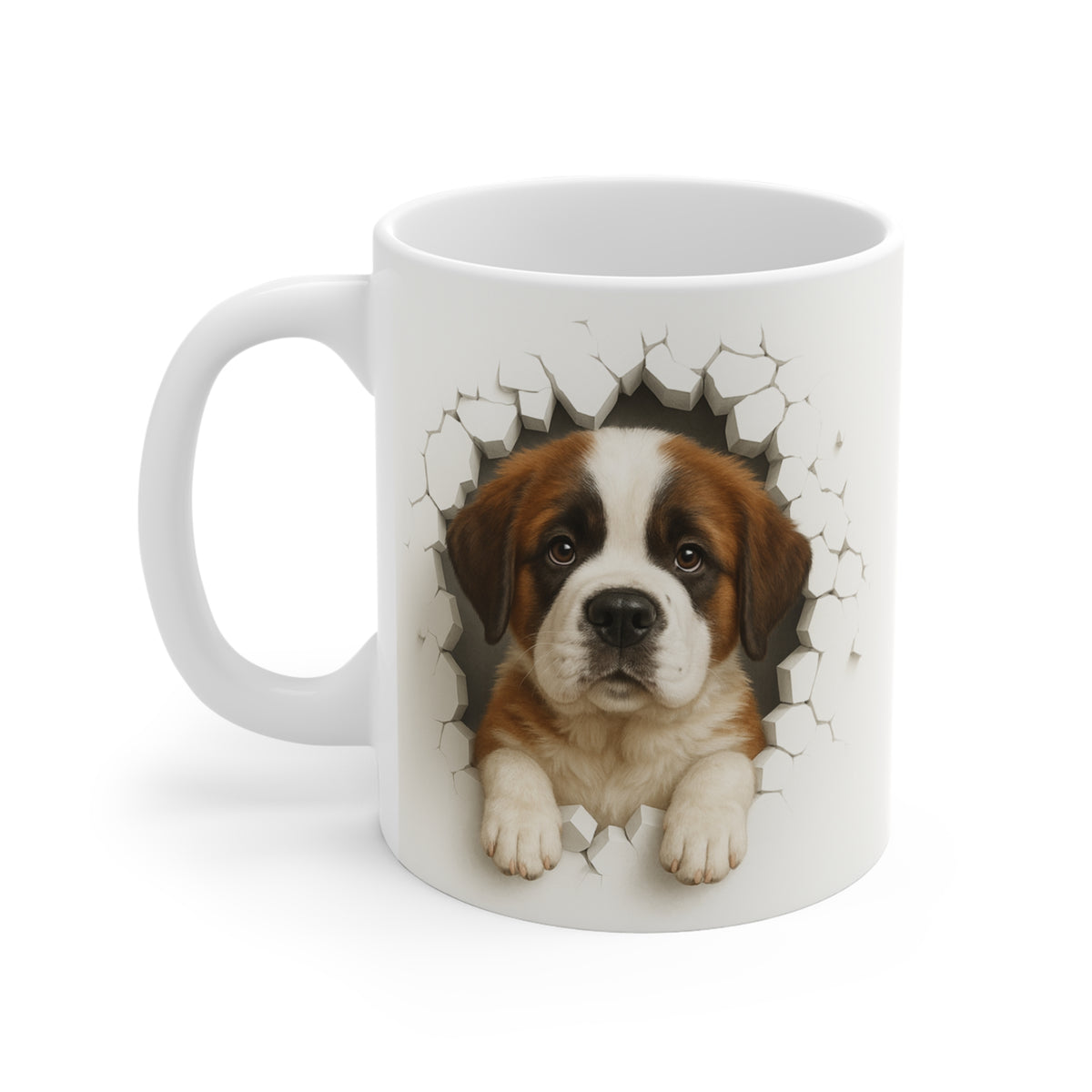 Mug Saint-Bernard Effet Mur Cassé – Tasse Chien 3D Trompe-l’œil – Cadeau Original Amoureux du Saint-Bernard