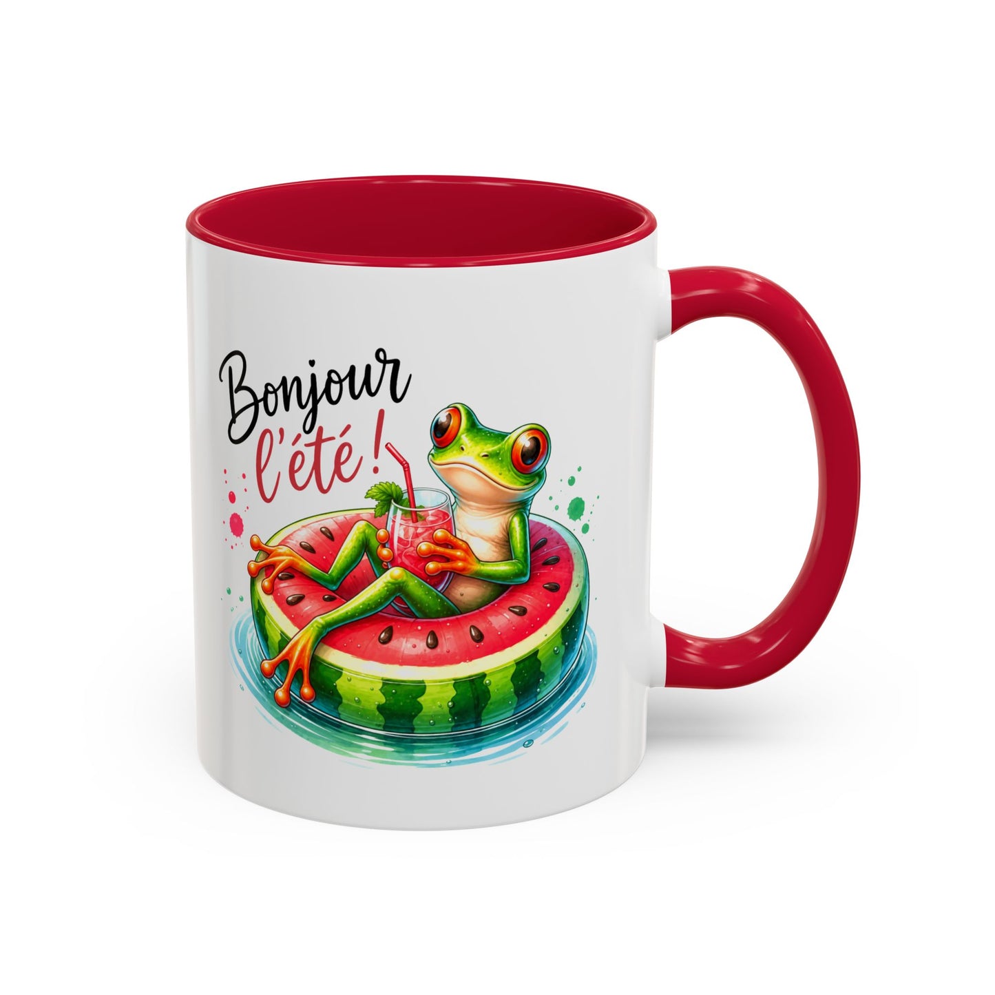 Tasse Bonjour l’Été – Mug Grenouille sur Bouée Pastèque – Cadeau Été Vacances Humour Homme Femme 325ml
