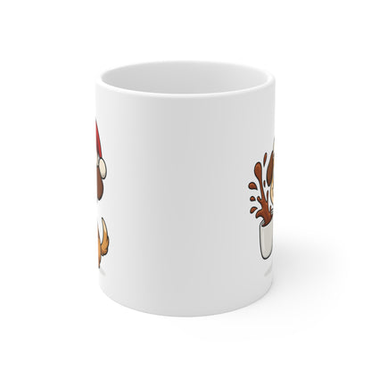 Mug Chiot Noël 325ml – Tasse Céramique Mignonne avec Bonnet Rouge – Cadeau Fêtes Original