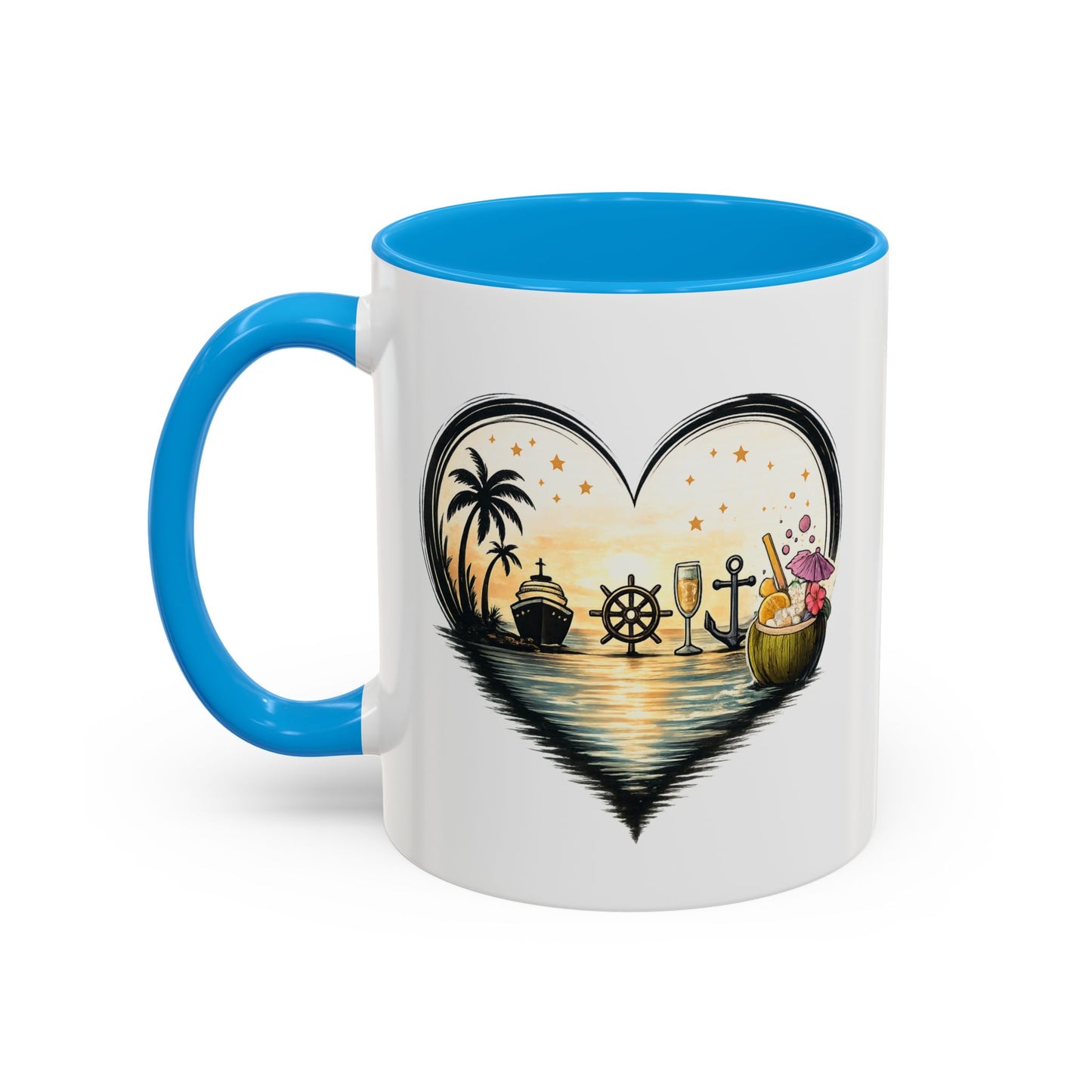 Tasse Cœur Tropical Mer et Cocktail – Mug Ambiance Vacances Palmier Bateau – Cadeau Été et Détente – Céramique 325ml