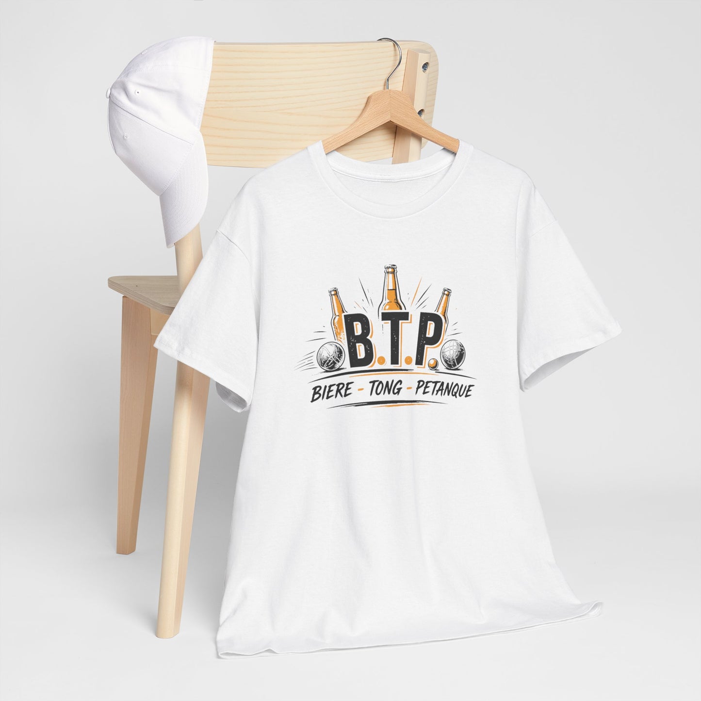 T-Shirt BTP Bière Tong Pétanque Homme Femme – Tee Shirt Humour Apéro Pétanque – Cadeau Été Vacances Noir Blanc Gris