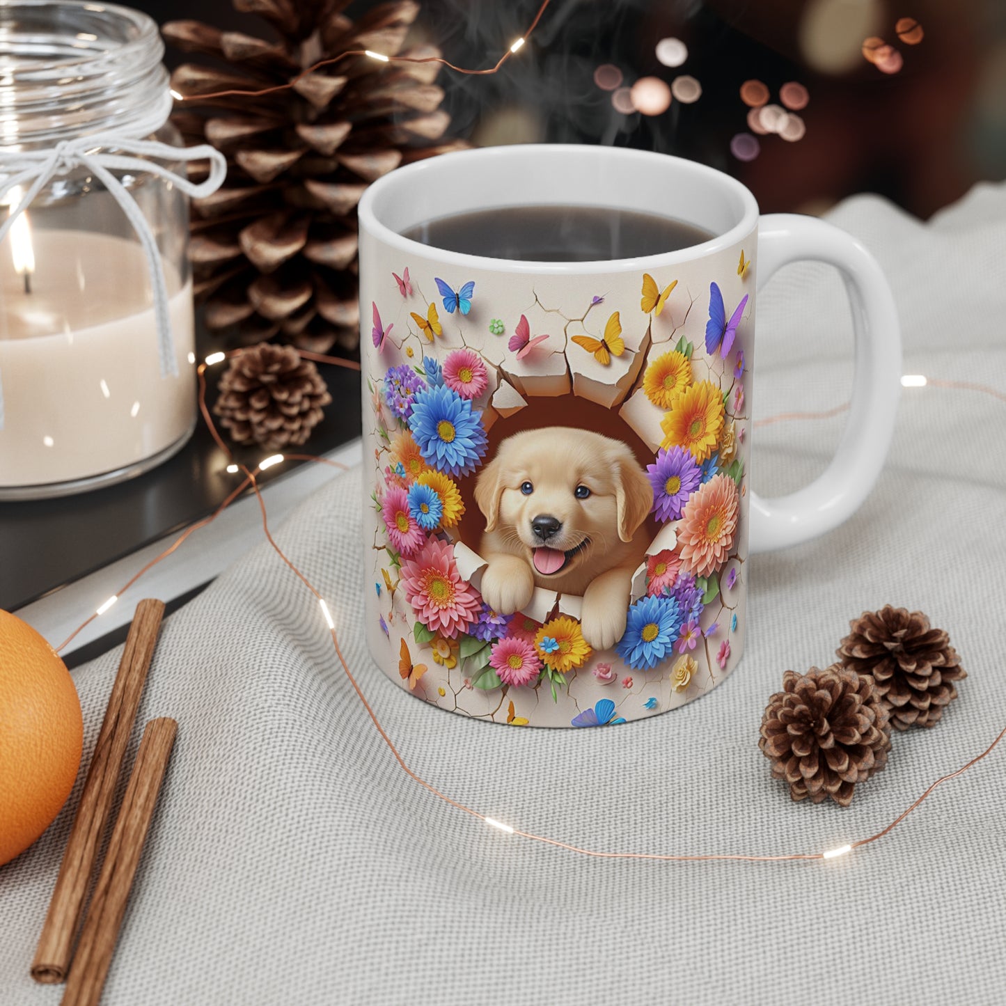 Tasse Céramique Golden Retriever et Fleurs – Mug Chien Mignon Papillons – Cadeau Animaux Bohème 325ml