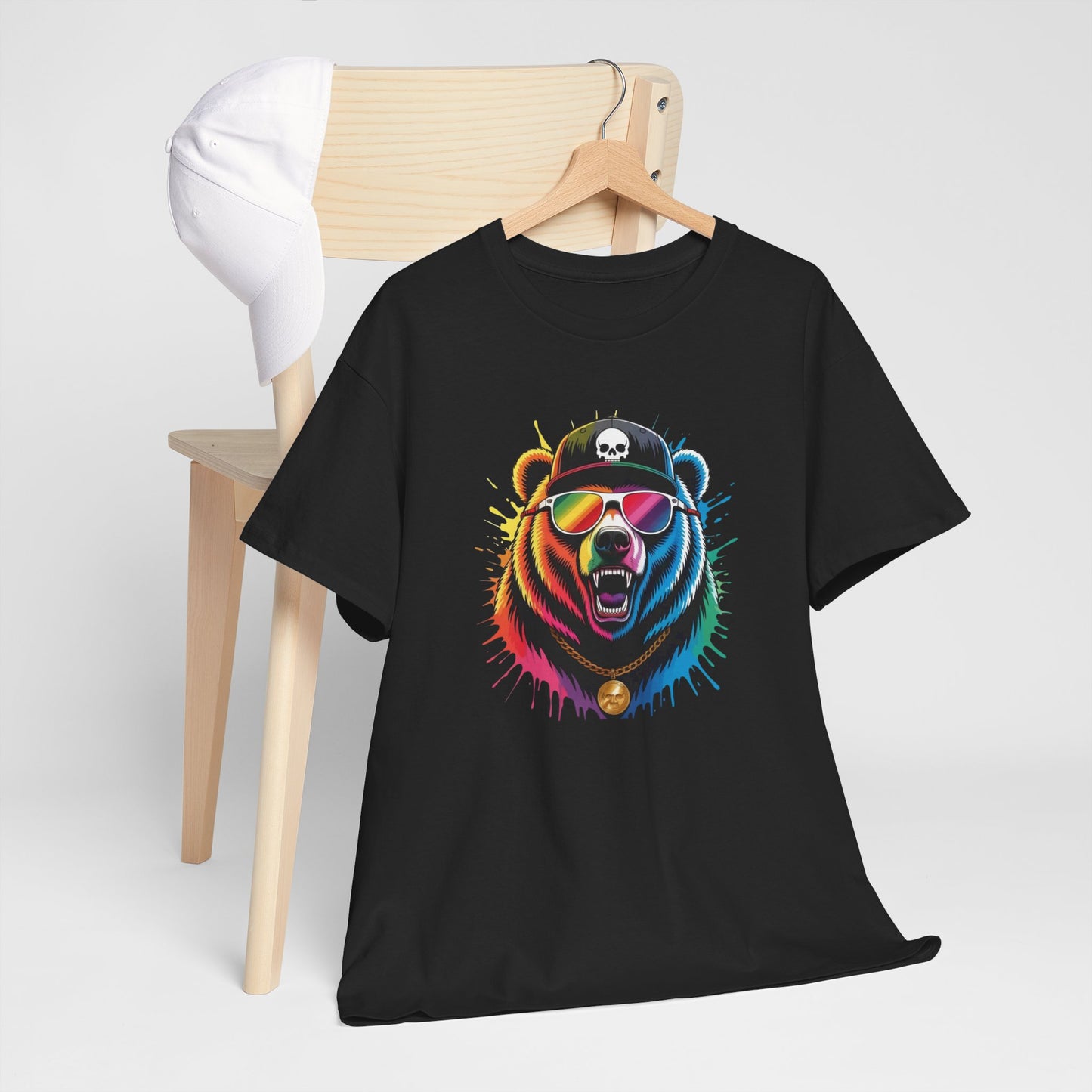 T-Shirt Ours Stylé Lunettes Colorées – Tee Shirt Bear Streetwear – Cadeau Original Hip Hop Noir Blanc Gris
