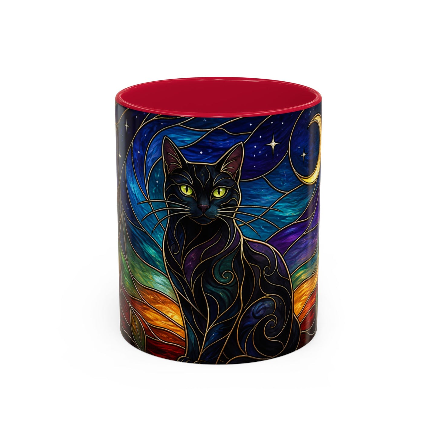 Tasse Chat Noir Style Vitrail – Mug Artistique Multicolore avec Lune et Chat Mystique – Céramique 325ml