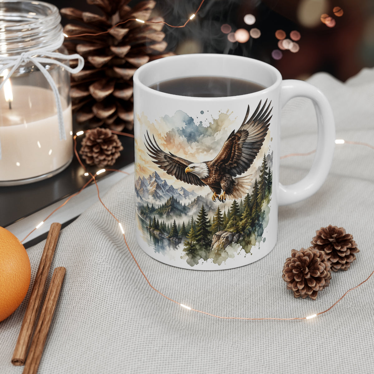 Mug Aigles en Vol au-dessus des Montagnes – Tasse Nature Sauvage Style Aquarelle – Cadeau Original Amoureux des Rapaces et Paysages