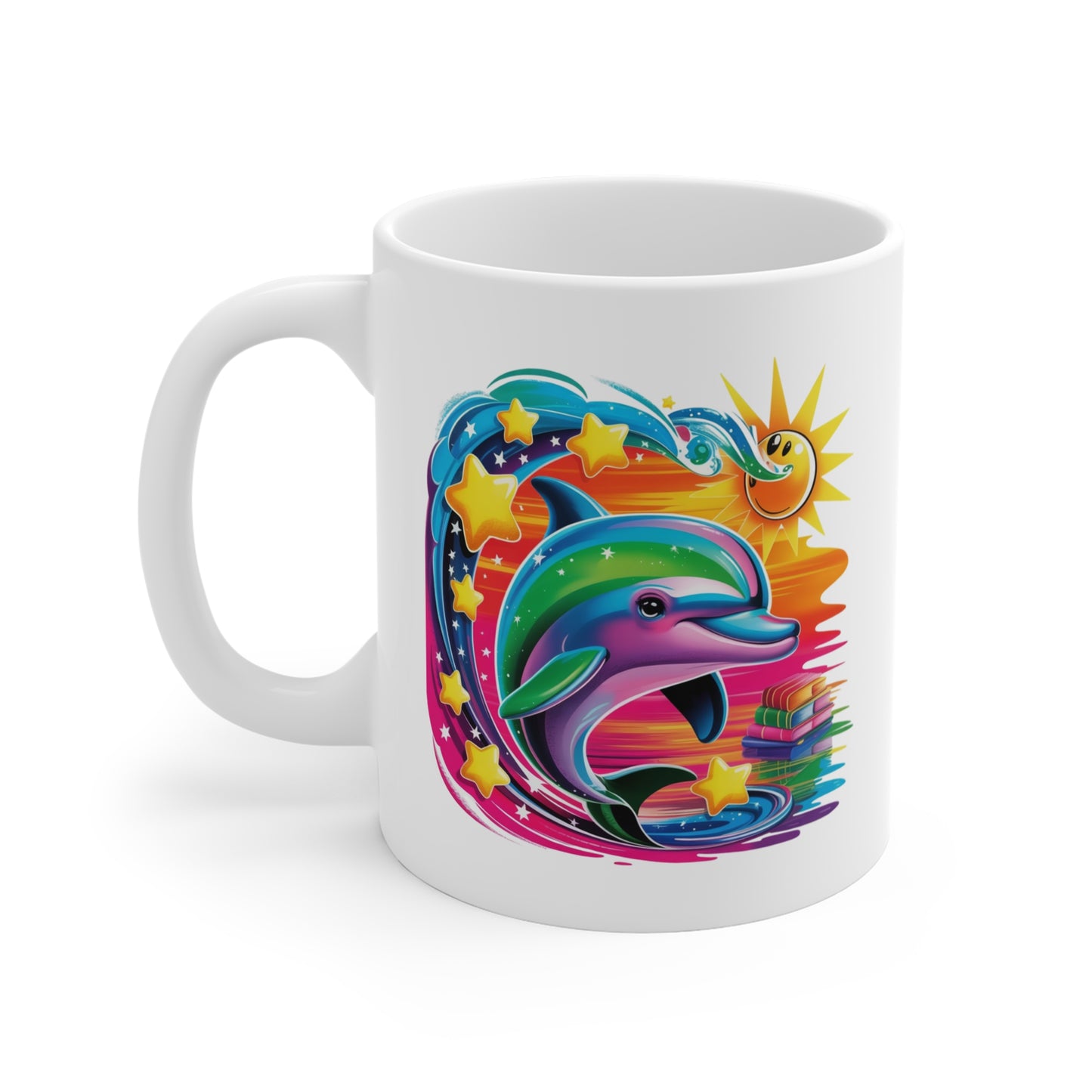 Mug Dauphin Arc-en-Ciel Fantastique – Tasse Dauphin Magique avec Étoiles et Soleil – Design Marin Coloré et Féérique – Cadeau Original pour Amoureux des Dauphins et de l’Océan – Céramique 325ml...