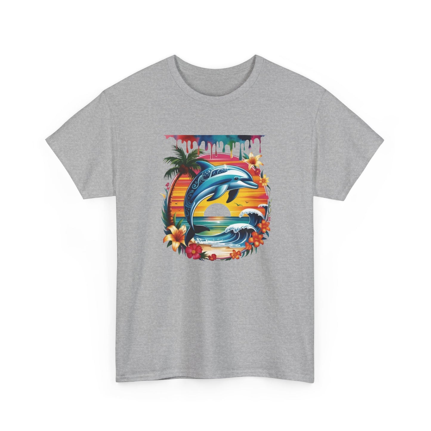 T-Shirt Dauphin Tropical Adulte – Dolphin Sunset Ocean Beach – Tee Shirt Été Vacances Noir Blanc Gris