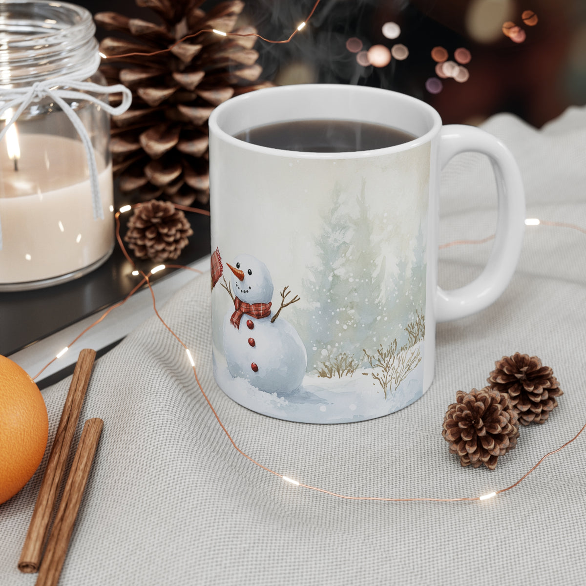 Mug Lapin et Bonhomme de Neige – Tasse de Noël Hiver Style Aquarelle – Cadeau Original Ambiance Enneigée Homme Femme