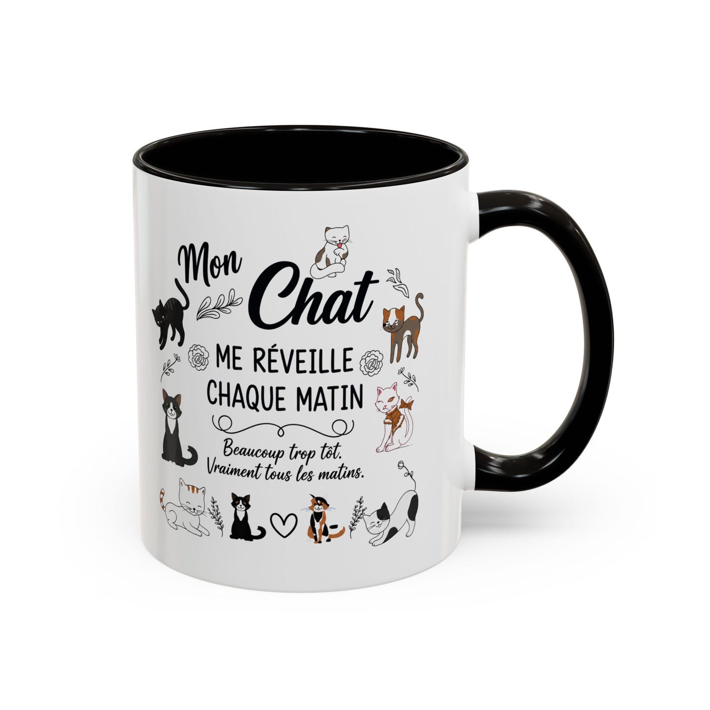 Tasse Chat Homme et Femme – Mon Chat Me Réveille Chaque Matin – Mug Humour Amoureux des Chats – Cadeau Propriétaire de Chat – 325 ml
