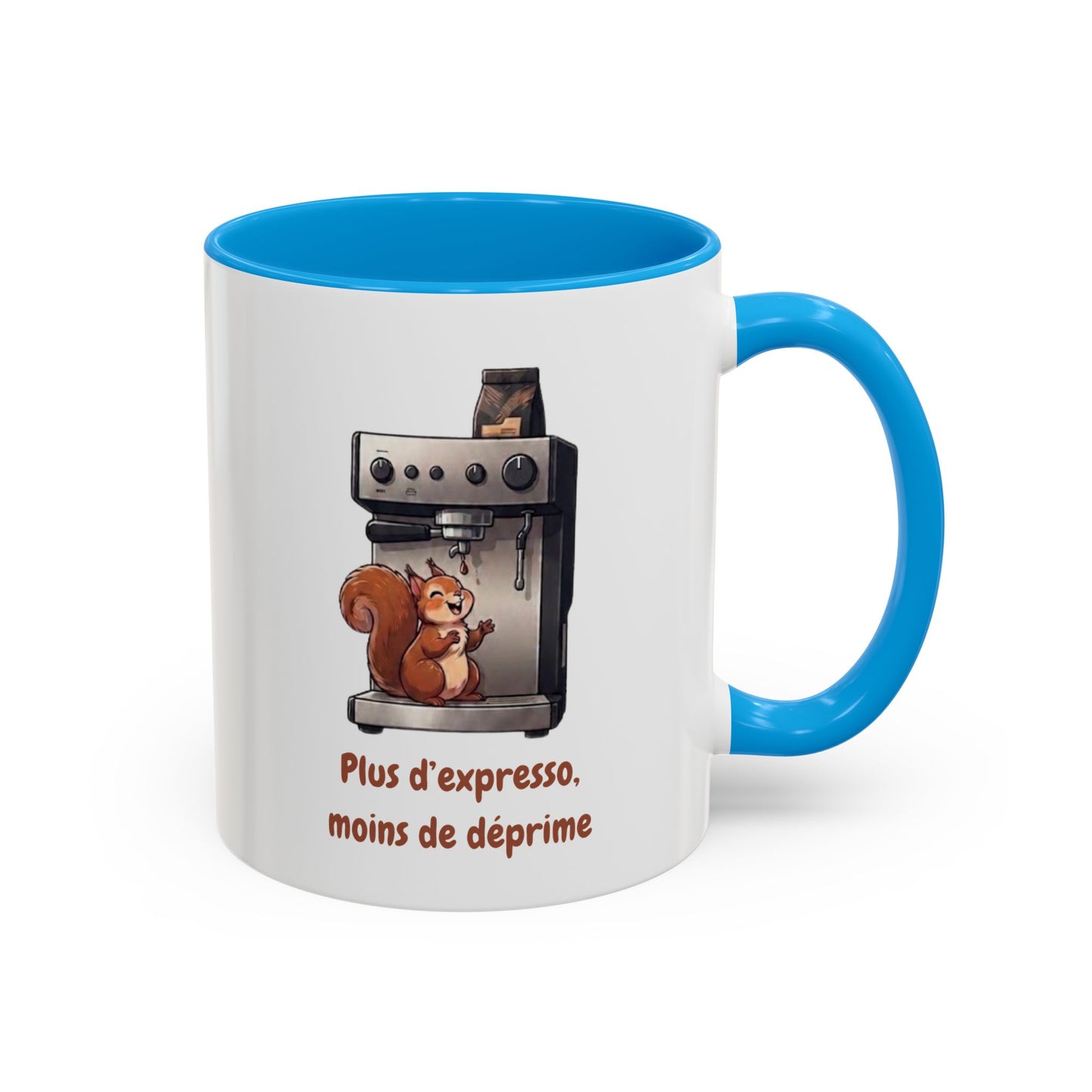 Tasse Drôle Café Plus d'Expresso Moins de Déprime – Mug Écureuil Machine à Café Homme Femme – Cadeau Amateur de Café Expresso Barista 325 ml