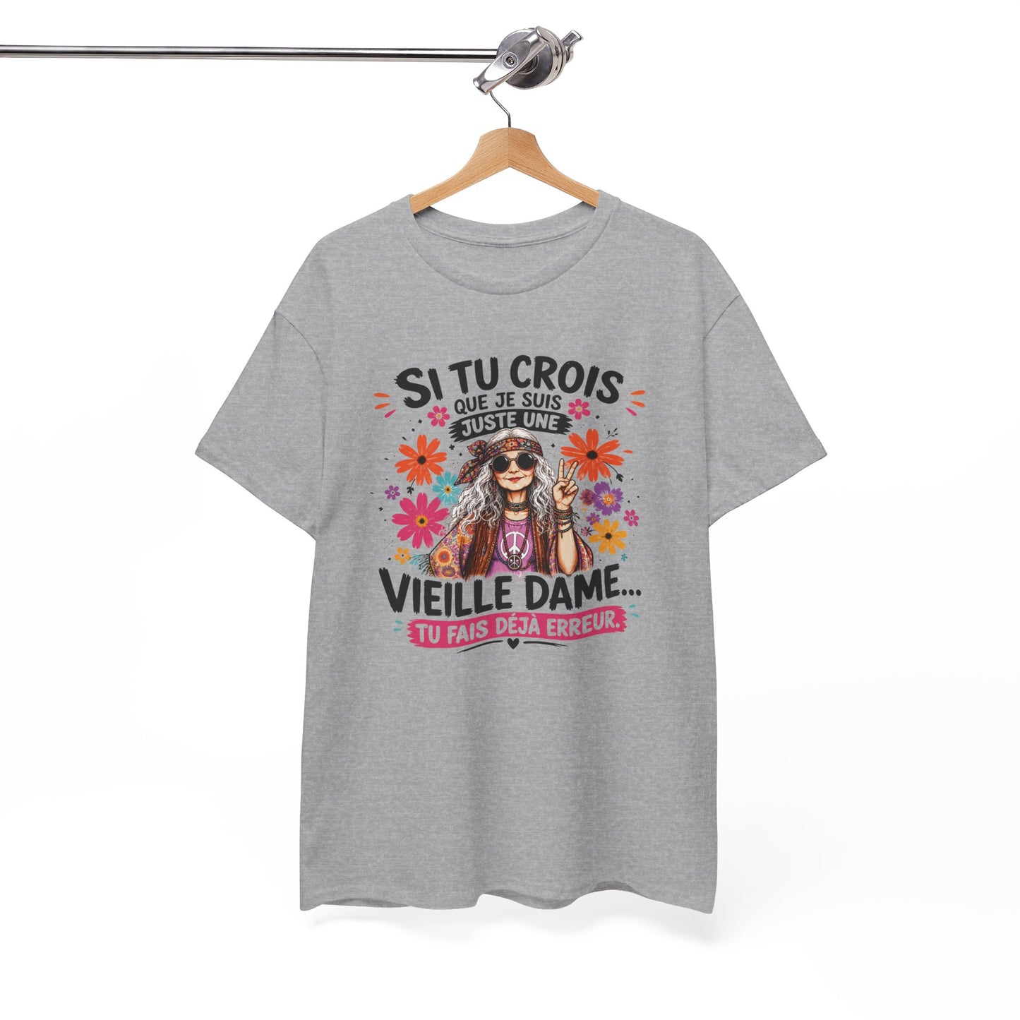 T-Shirt Femme Hippie Humour – Vieille Dame Flower Power Vintage – Cadeau Femme Bohème Drôle
